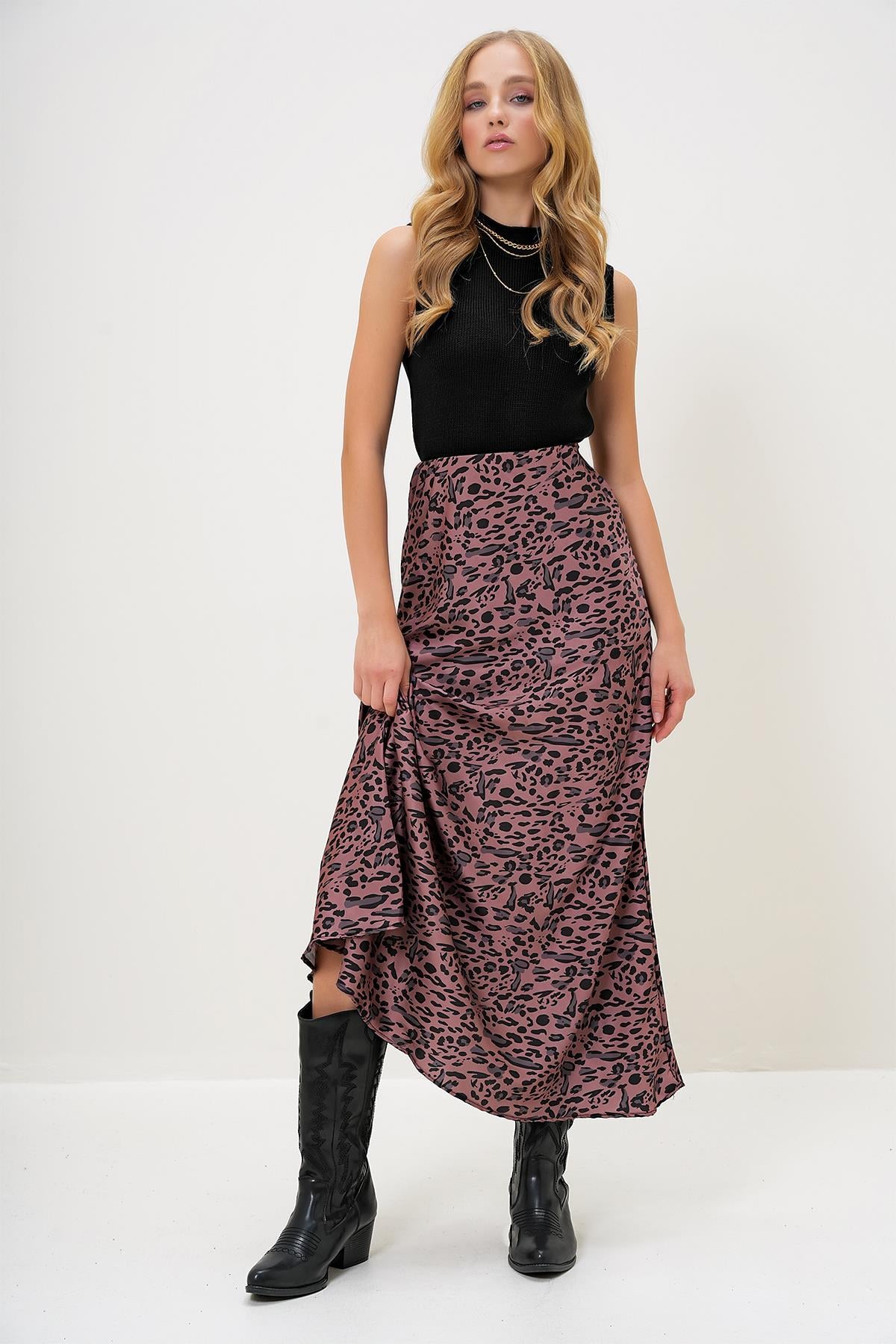 lEOPAR DESENLİ BELİ LASTİKLİ SATEN ETEK - Leopar