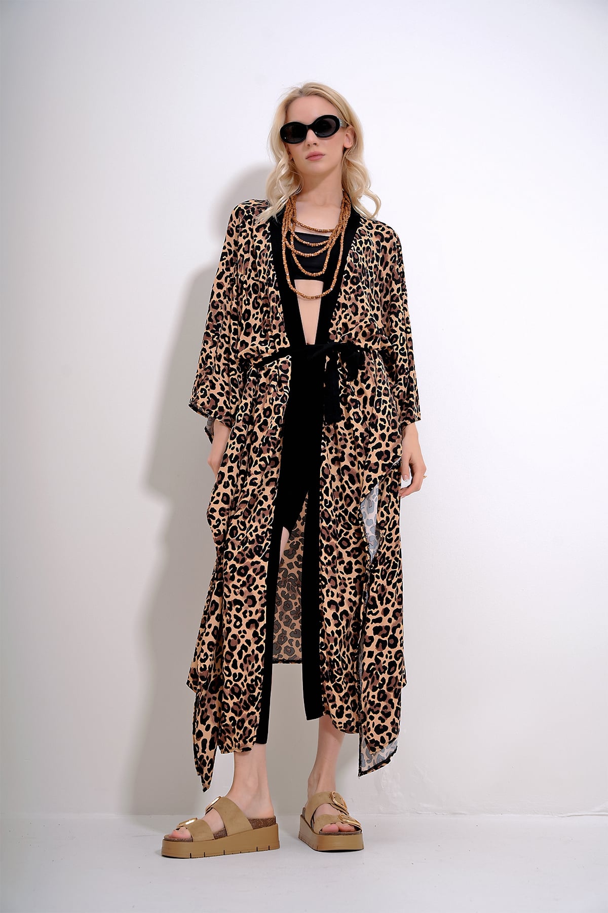 Leopar Desenli Körük Kemerli Maxi Boy Kimono Kaftan - Bej