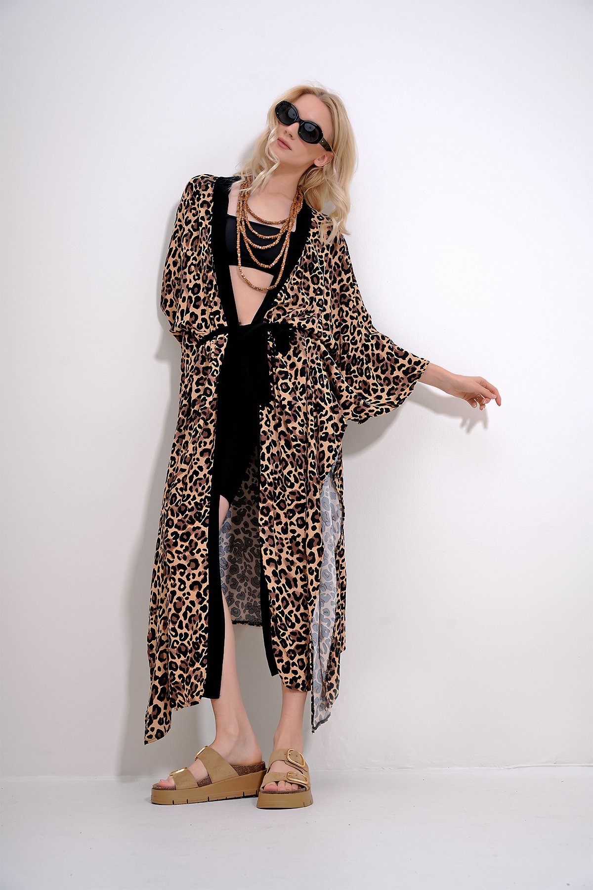 Leopar Desenli Körük Kemerli Maxi Boy Kimono Kaftan - Bej