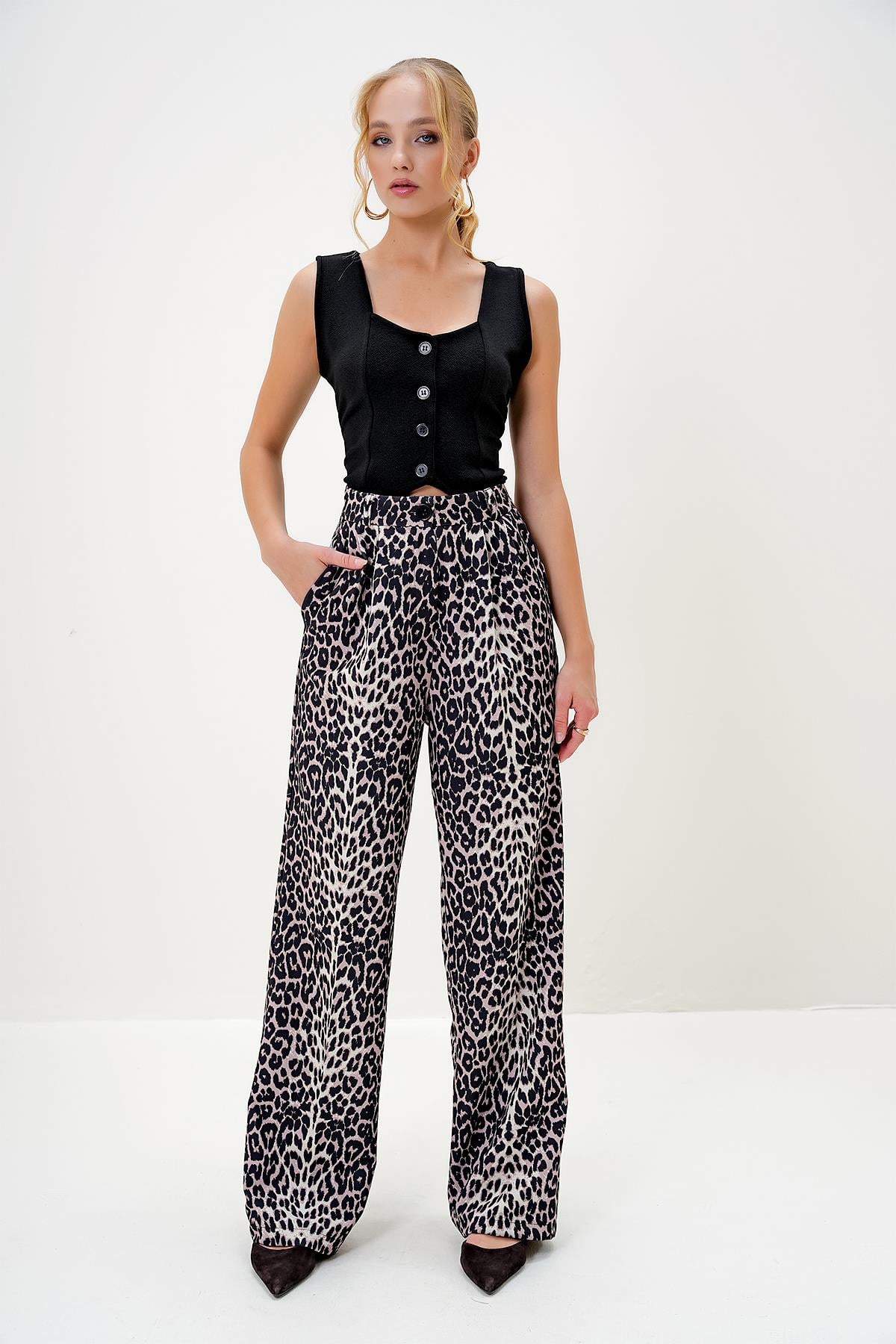 LEOPAR DESENLİ PİLELİ PALAZZO PANTOLON - Leopar
