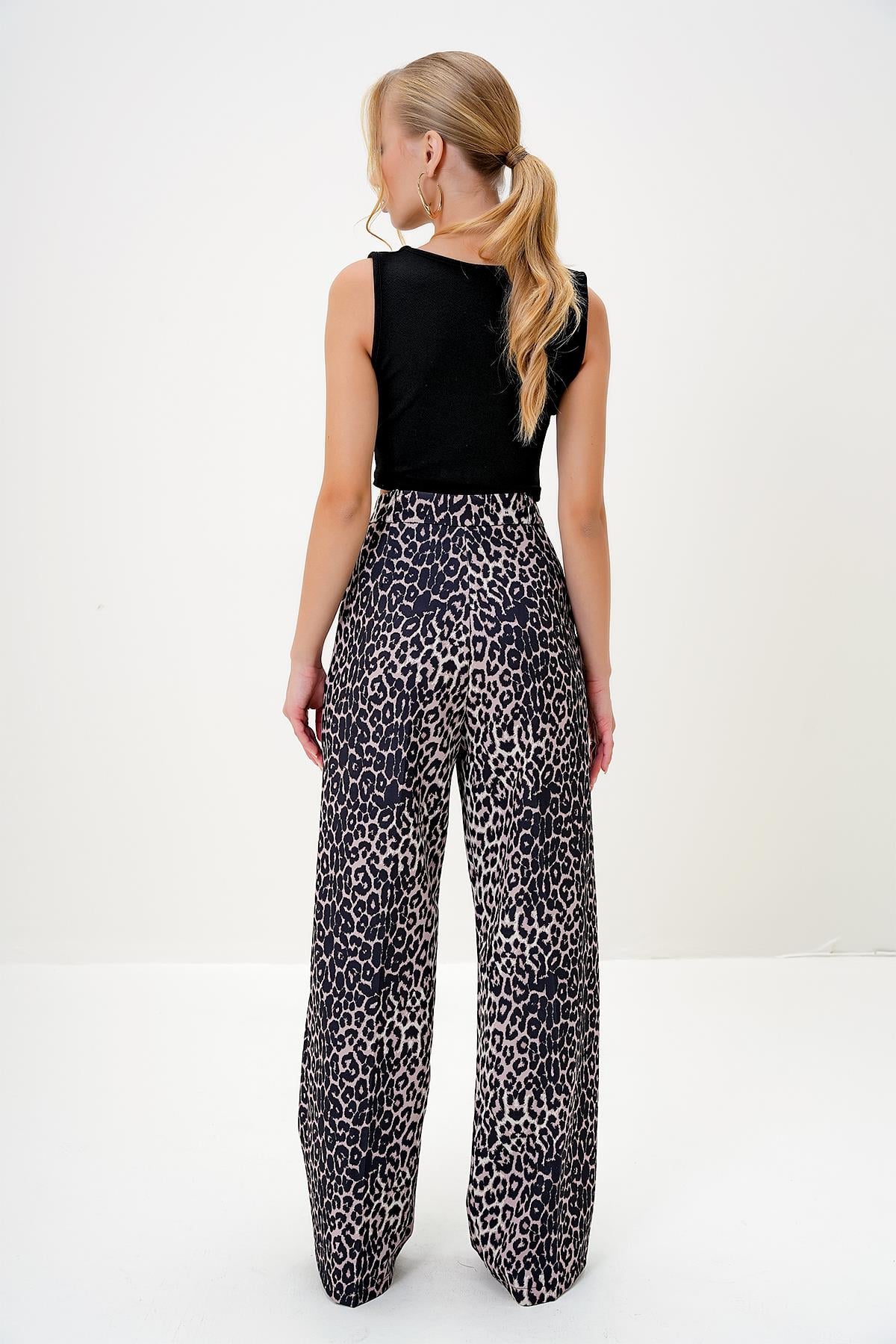 LEOPAR DESENLİ PİLELİ PALAZZO PANTOLON - Leopar