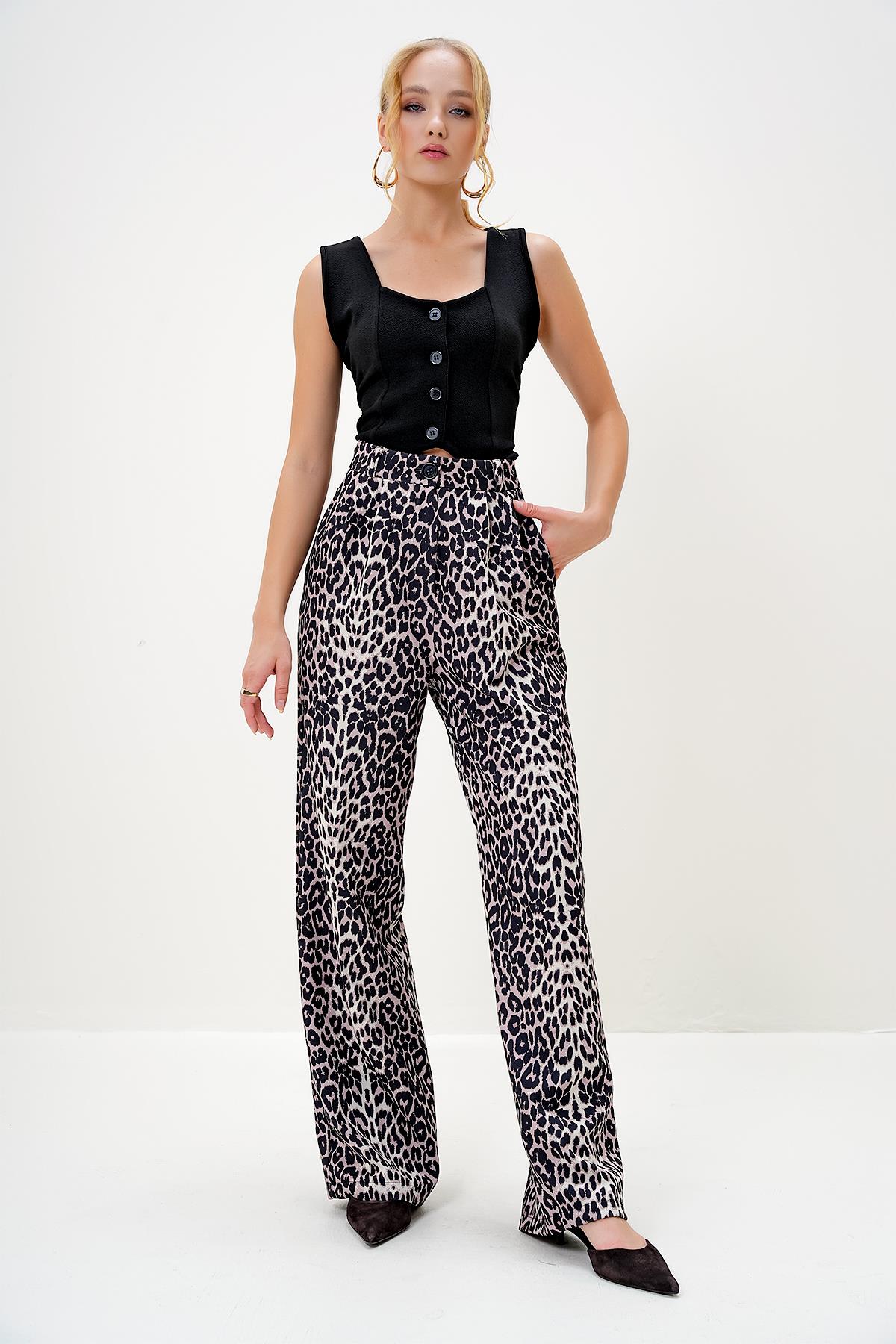 LEOPAR DESENLİ PİLELİ PALAZZO PANTOLON - Leopar