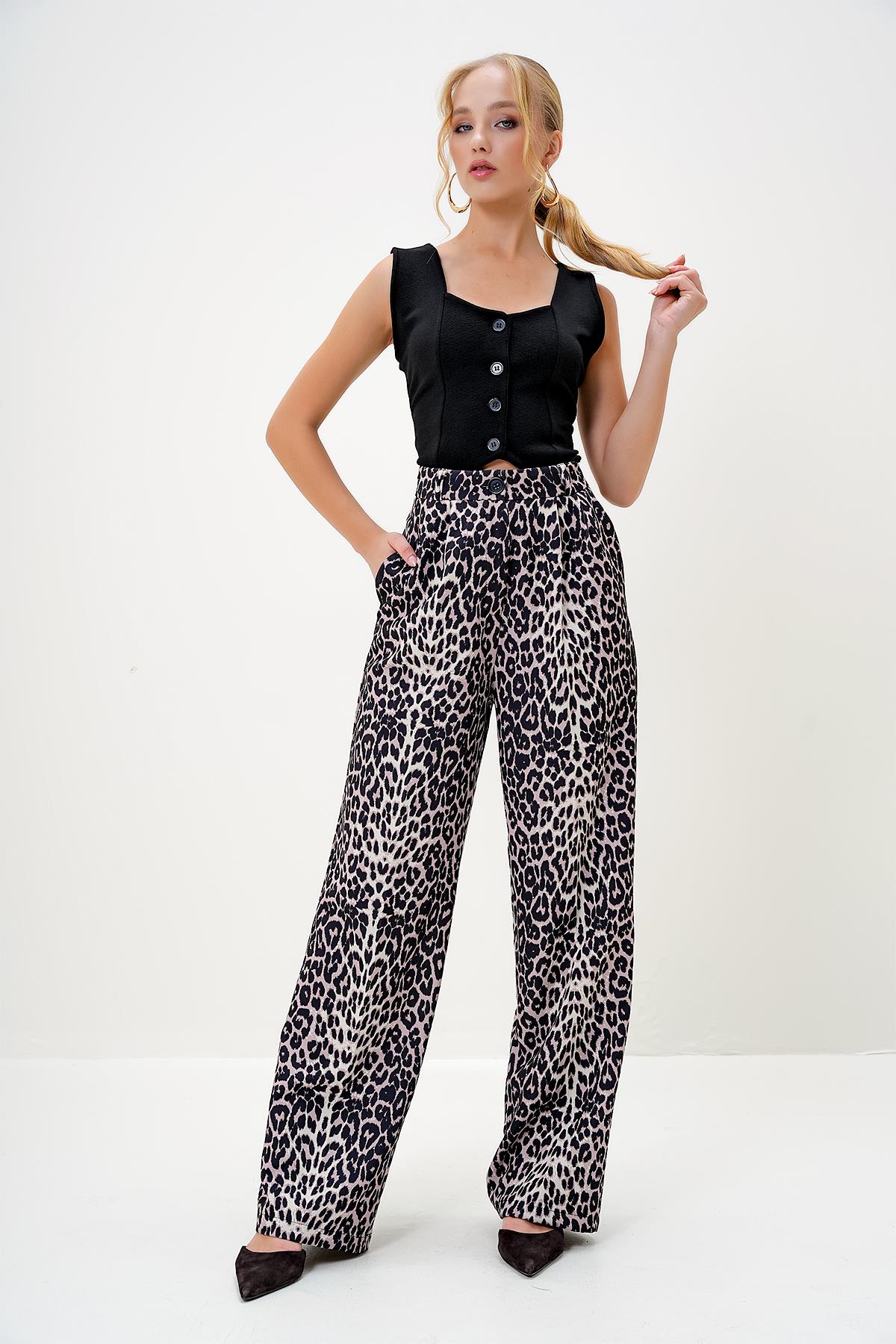 LEOPAR DESENLİ PİLELİ PALAZZO PANTOLON - Leopar