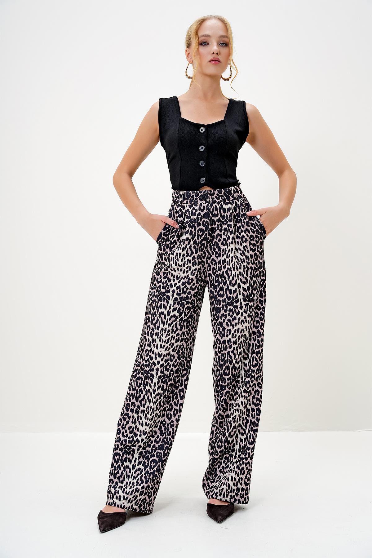 LEOPAR DESENLİ PİLELİ PALAZZO PANTOLON - Leopar