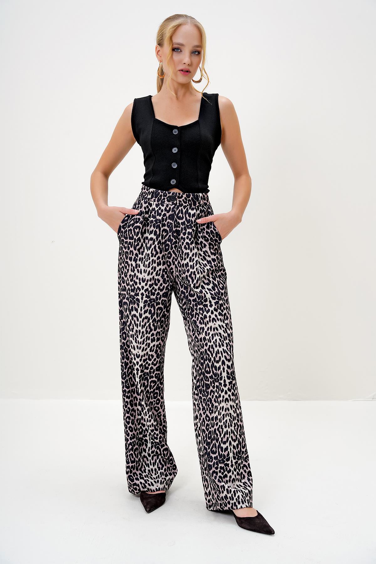 LEOPAR DESENLİ PİLELİ PALAZZO PANTOLON - Leopar