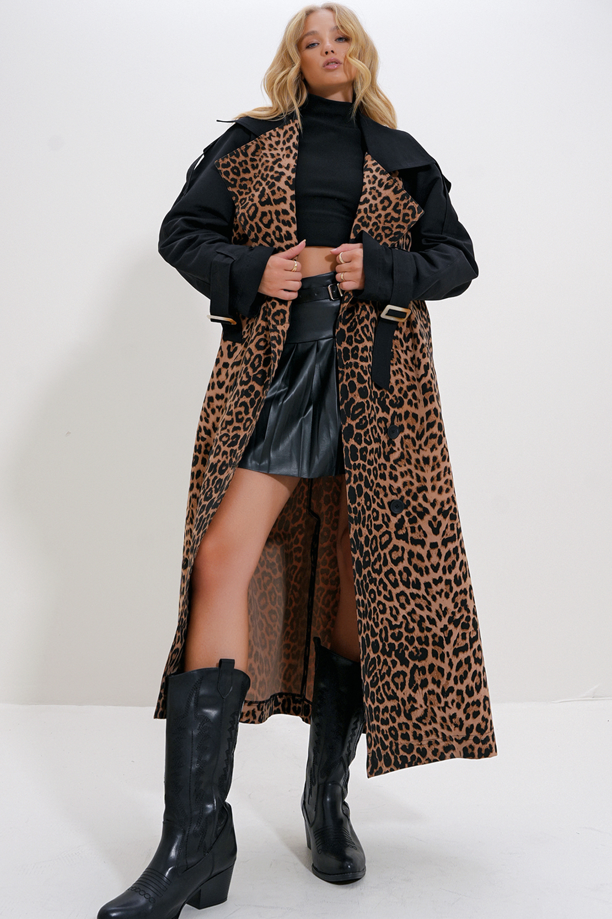 Leopar Desenli Trençkot - KAHVERENGİ