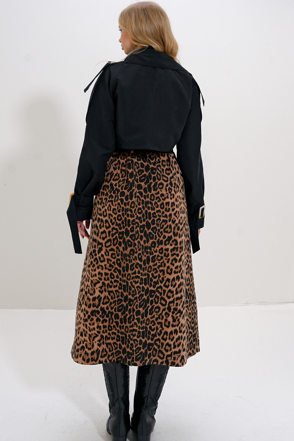Leopar Desenli Trençkot - KAHVERENGİ