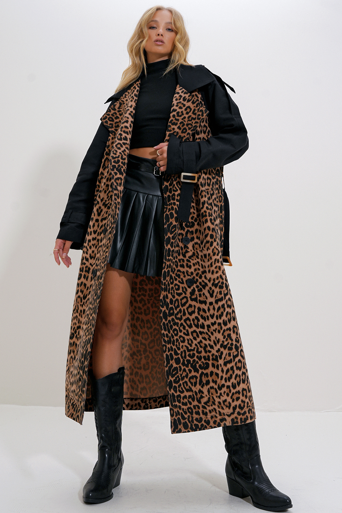 Leopar Desenli Trençkot - KAHVERENGİ