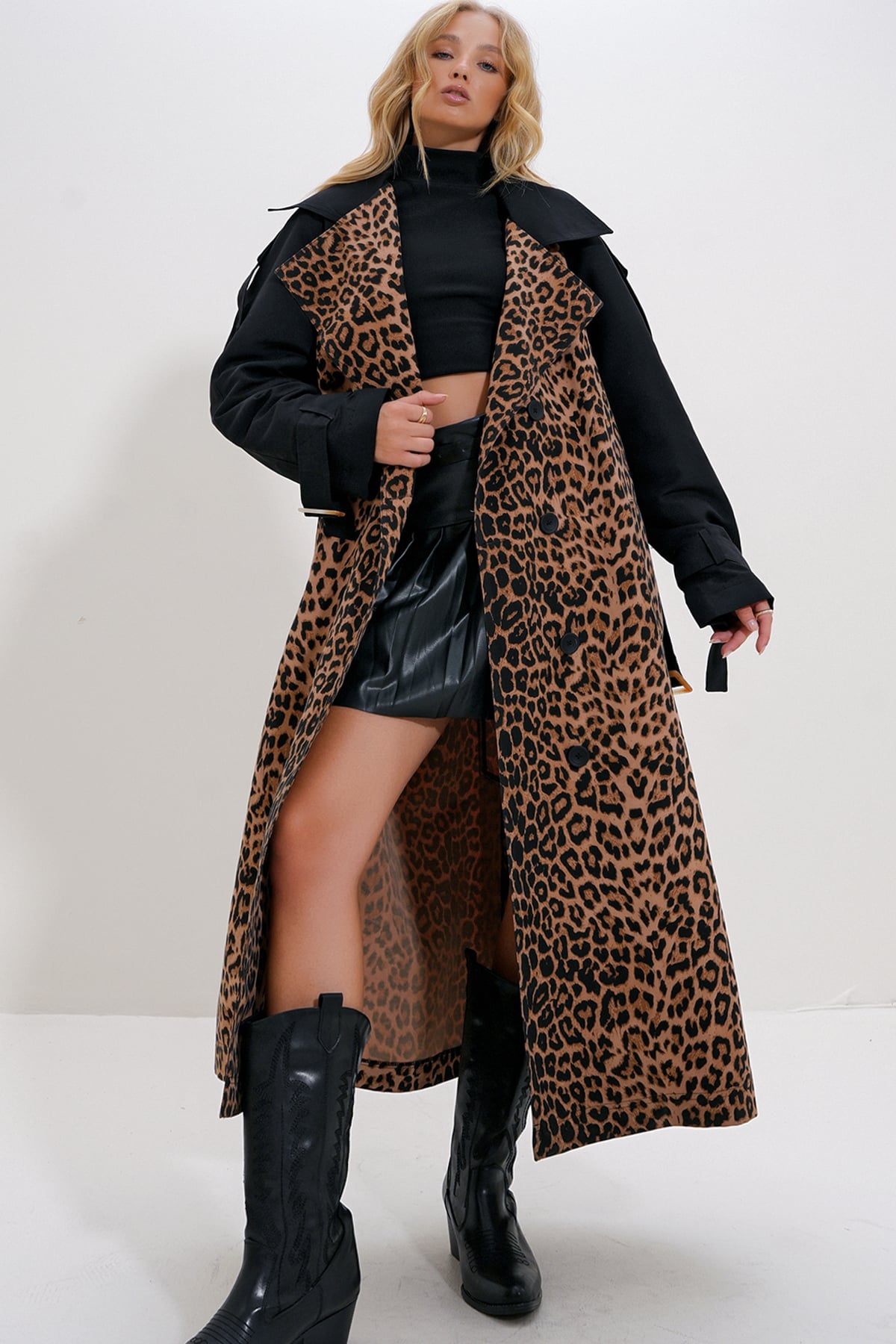 Leopar Desenli Trençkot - KAHVERENGİ
