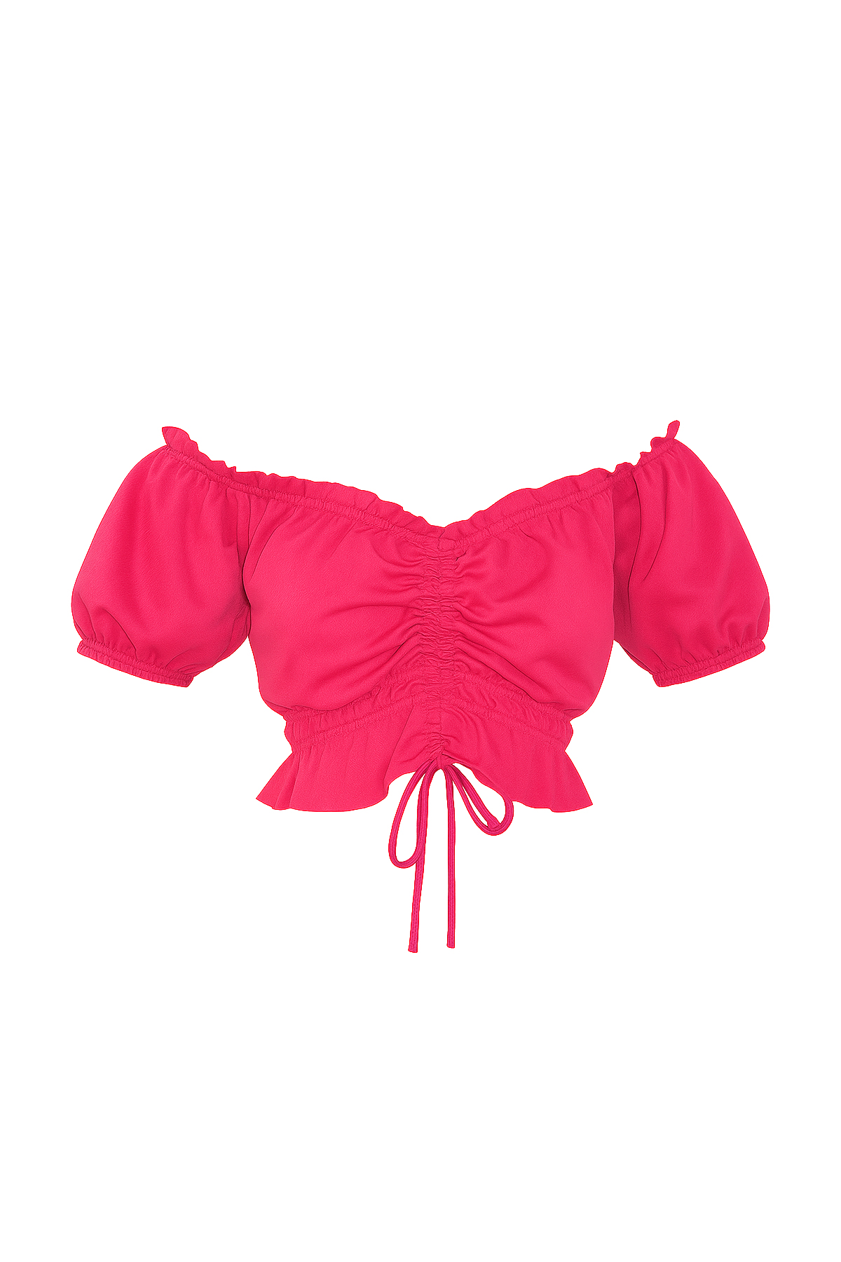 Madonna Yaka Beli Ve Kolları Lastikli Önü Büzgülü Crop Dokuma Bluz - Fuşya