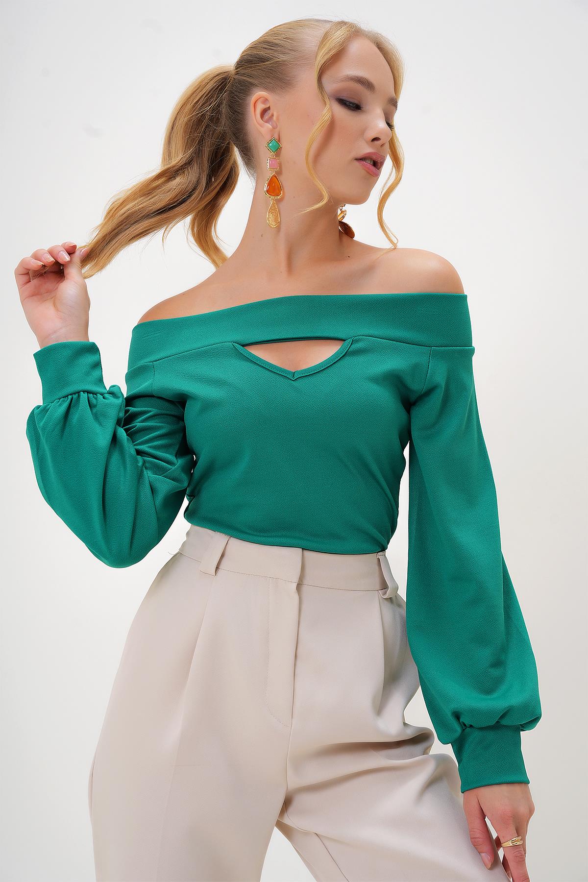 Madonna Yaka Cut Out Detaylı Örme Bluz - Yeşil