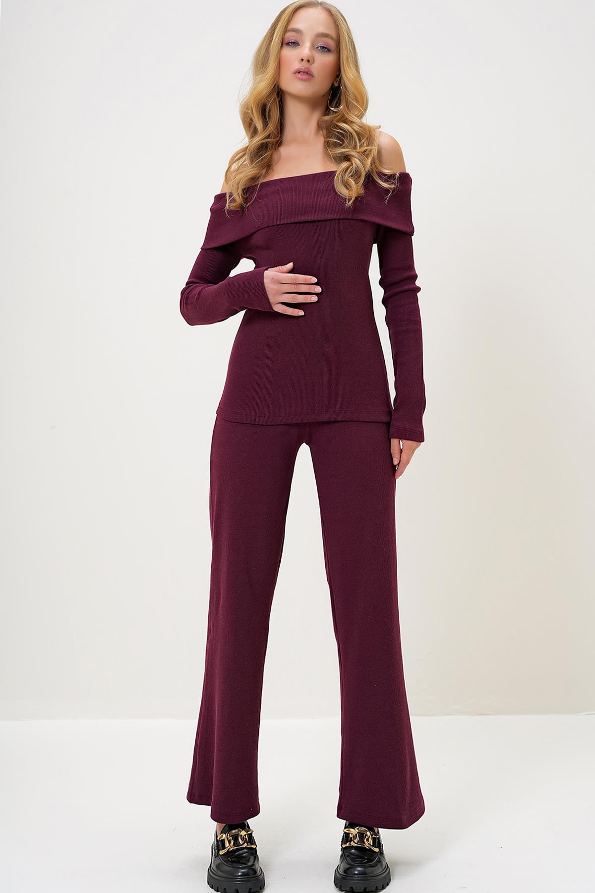 MADONNA YAKA KAŞKORSE BLUZ VE PANTOLON TAKIM - Bordo