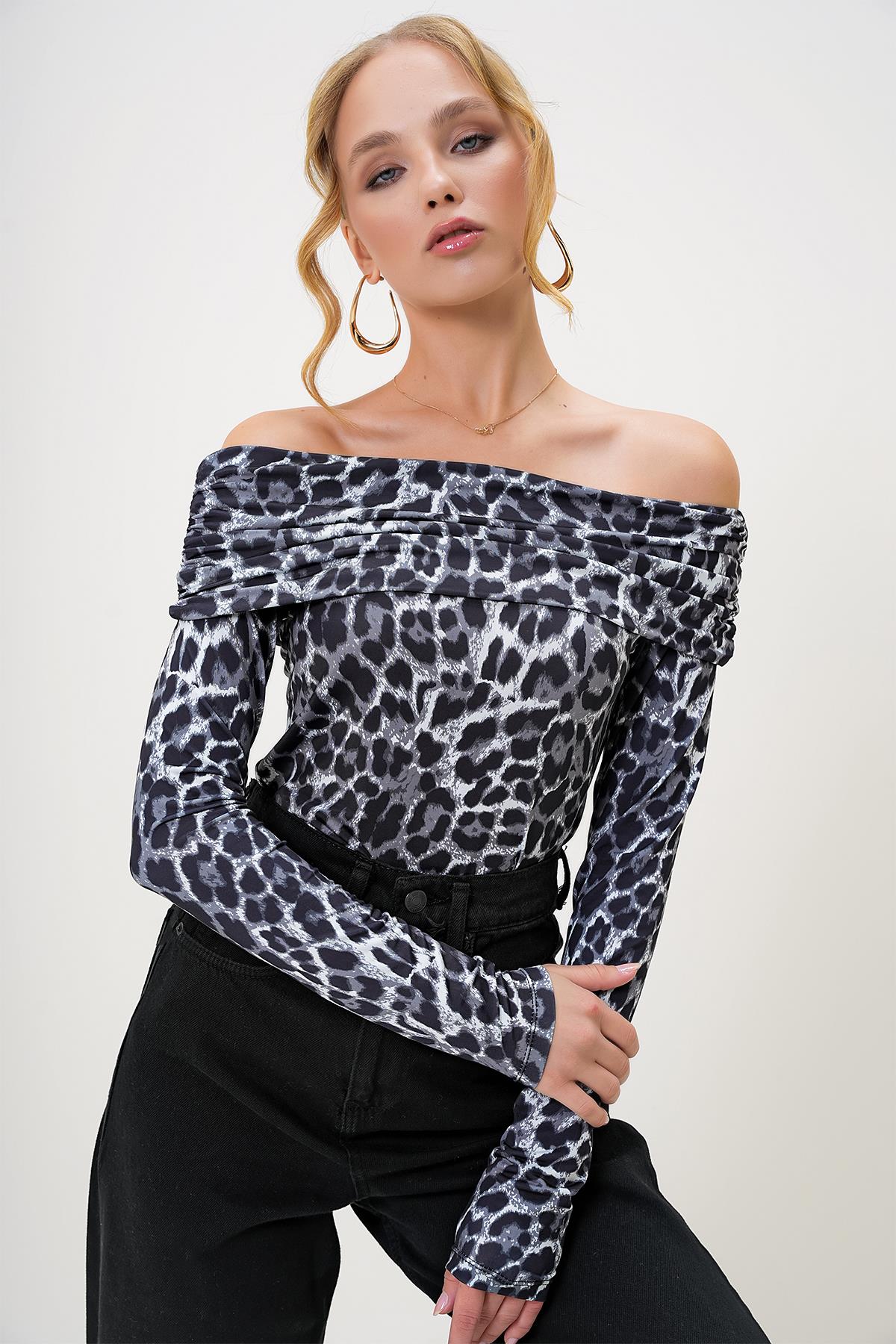 MADONNA YAKA LEOPAR DESENLİ SANDY BLUZ - Gri-Siyah