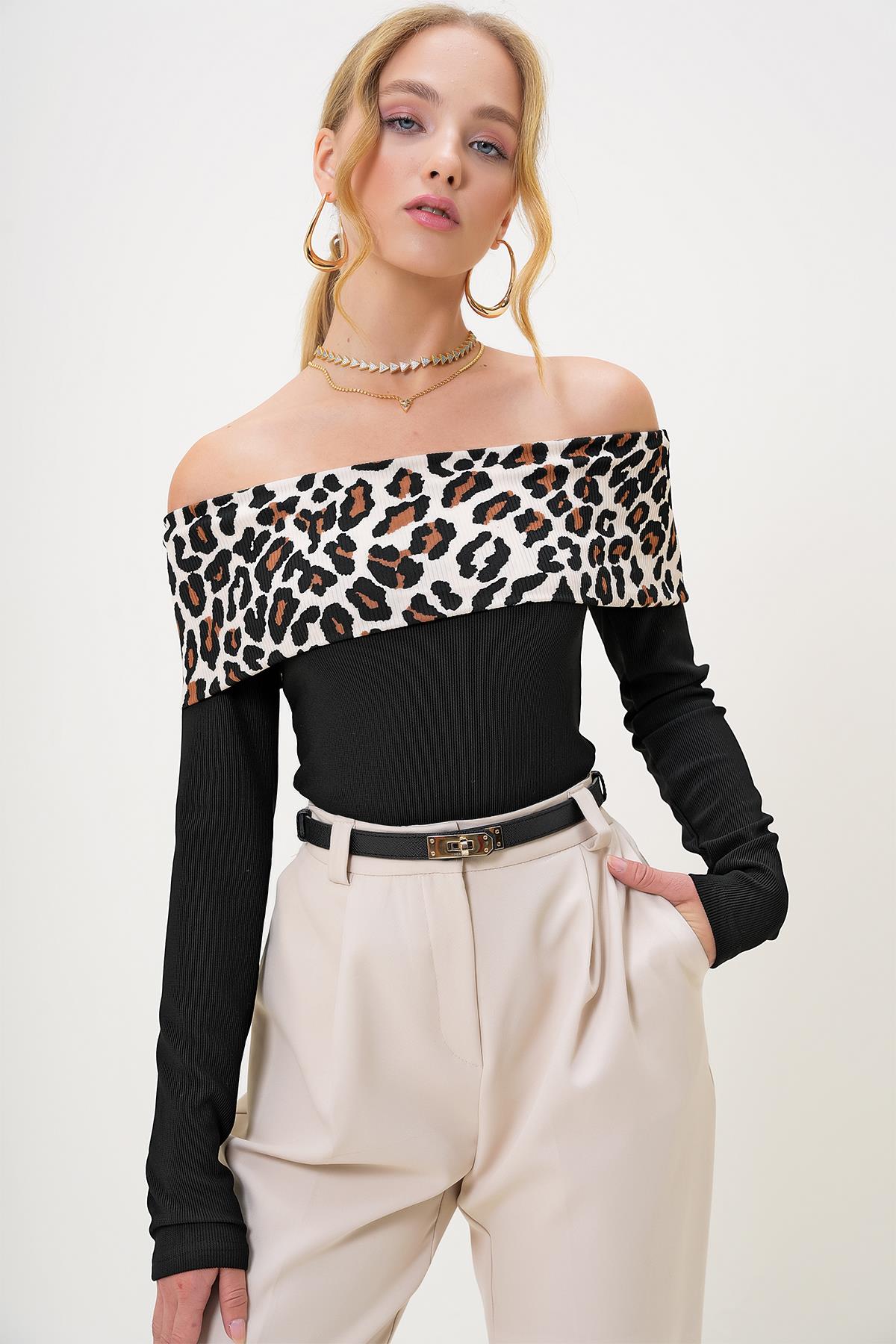 MADONNA YAKA LEOPAR GARNİLİ OTTOBAN CROP BLUZ - Siyah
