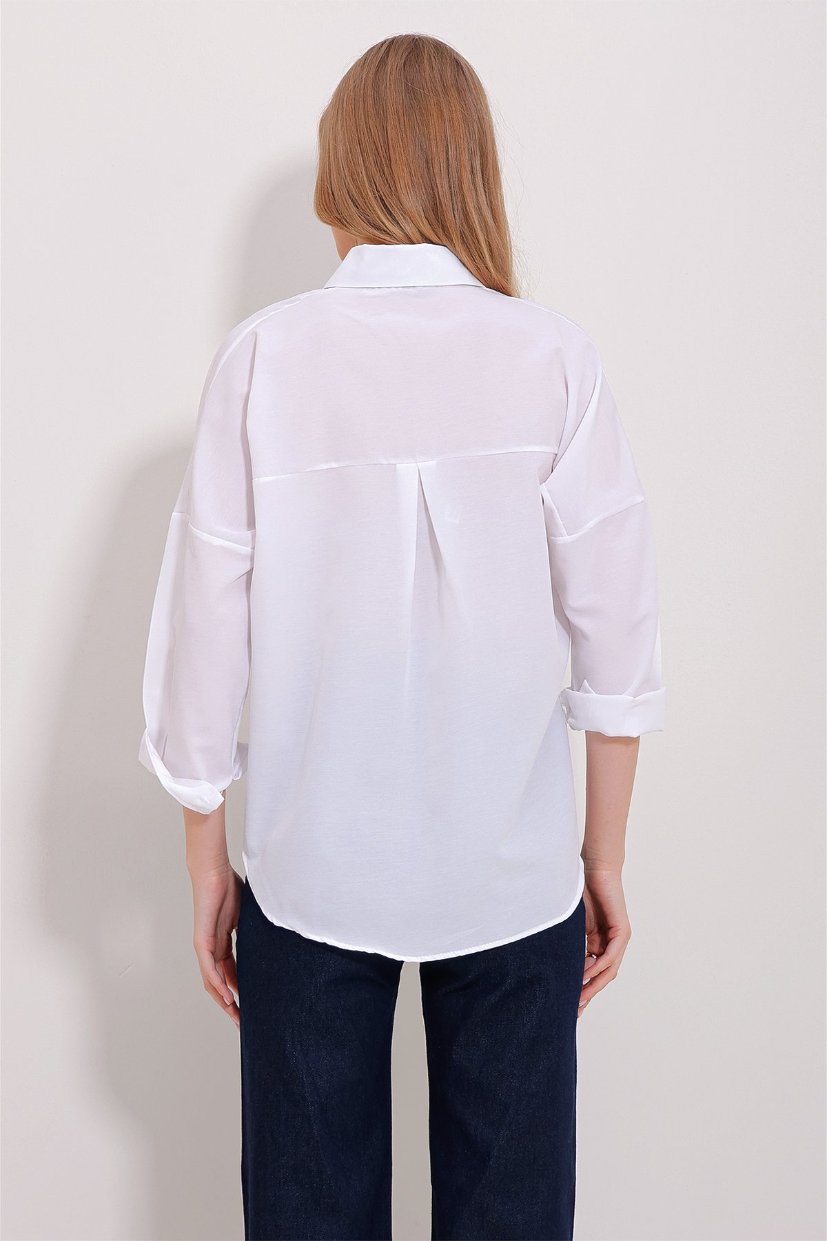 Manşetli Cotton Basic Gömlek - Beyaz
