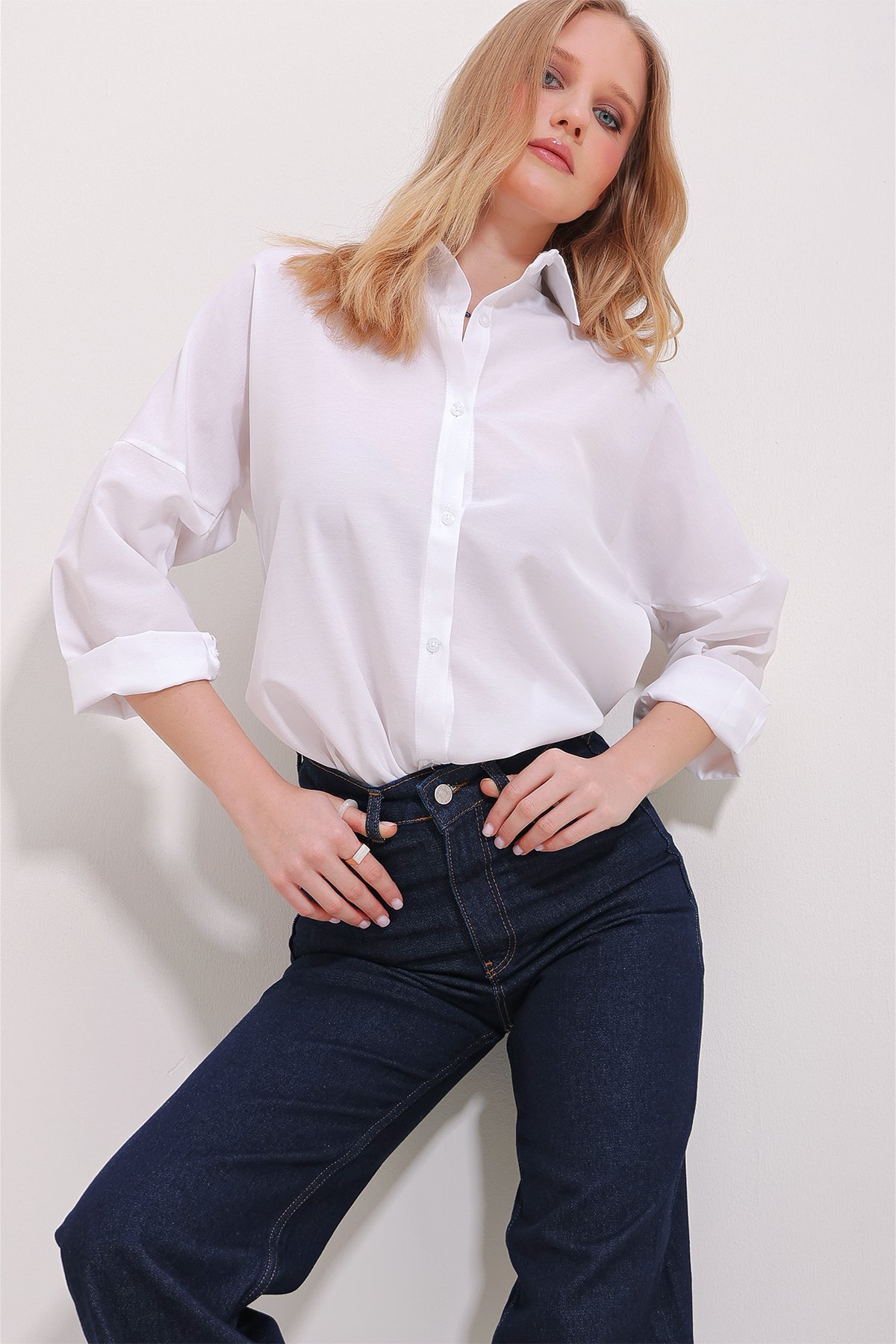 Manşetli Cotton Basic Gömlek - Beyaz