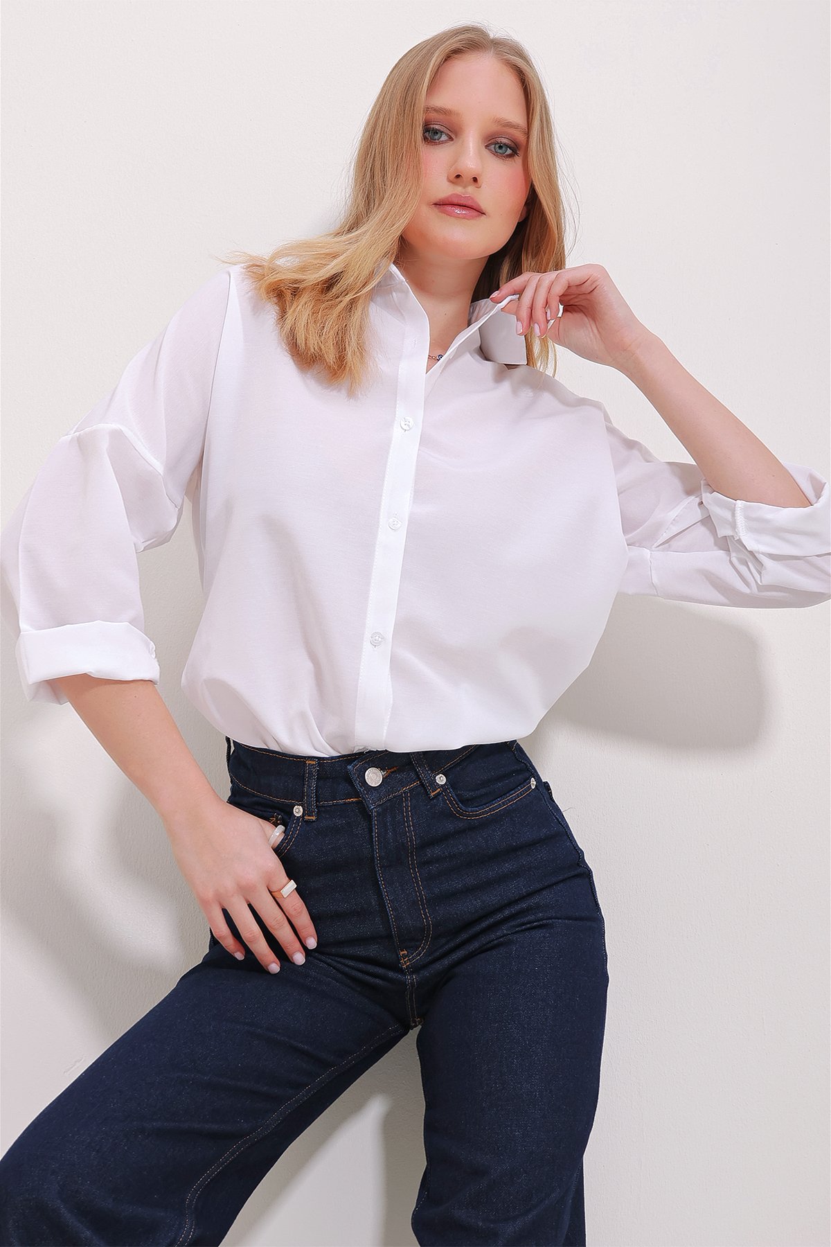 Manşetli Cotton Basic Gömlek - Beyaz