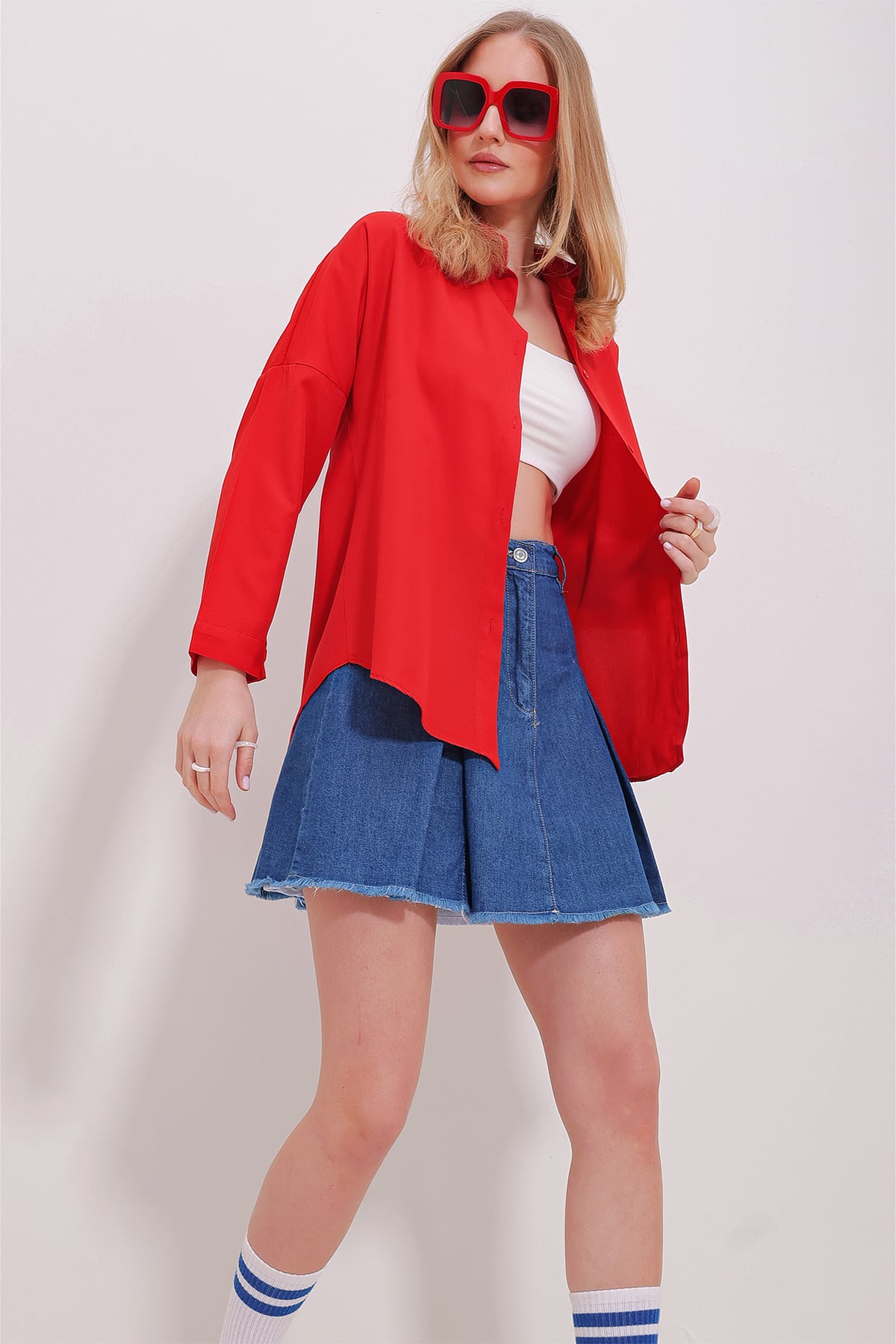Manşetli Cotton Basic Gömlek - Kırmızı