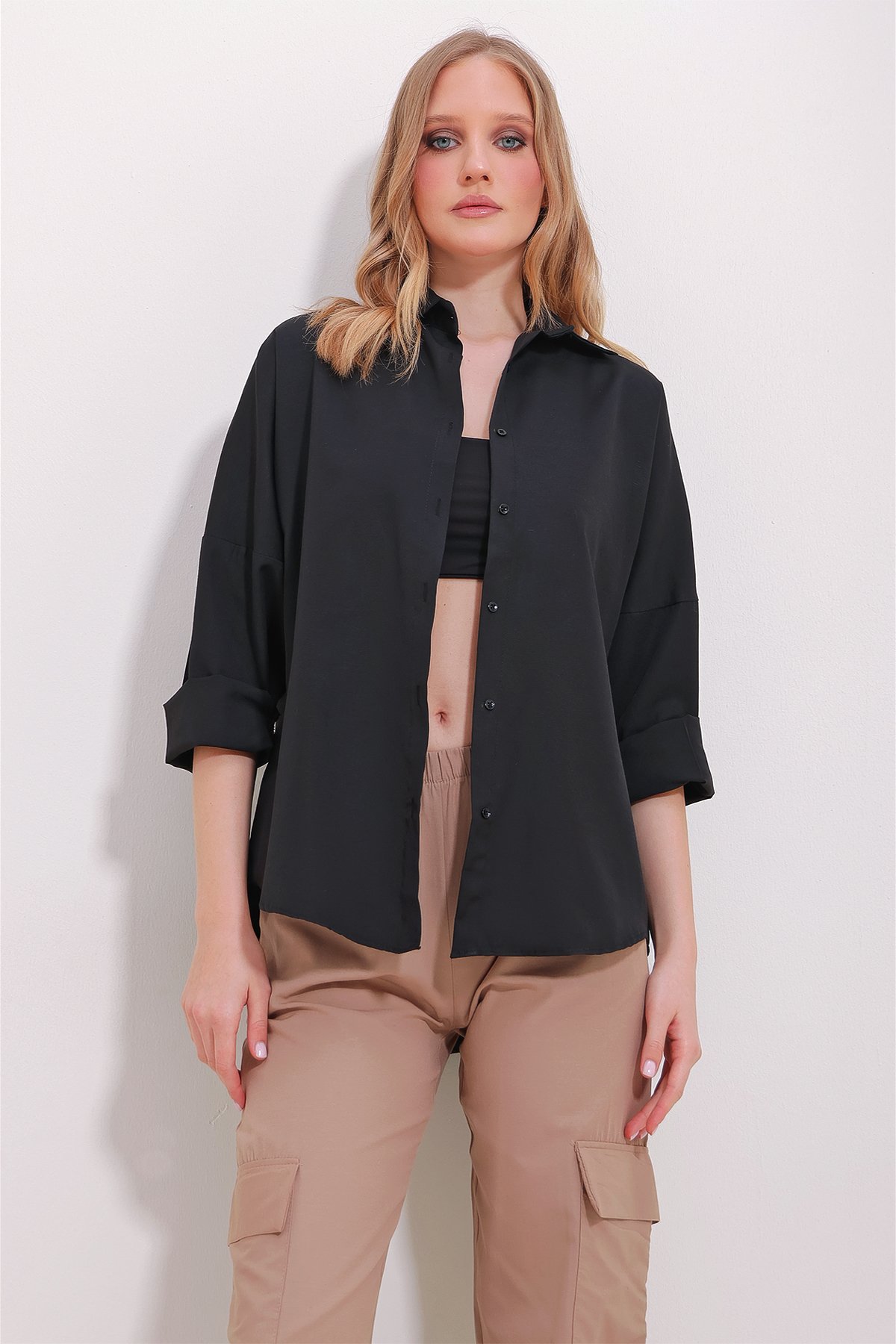 Manşetli Cotton Basic Gömlek - Siyah