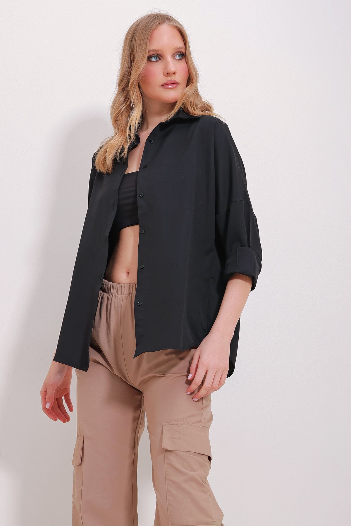 Manşetli Cotton Basic Gömlek - Siyah