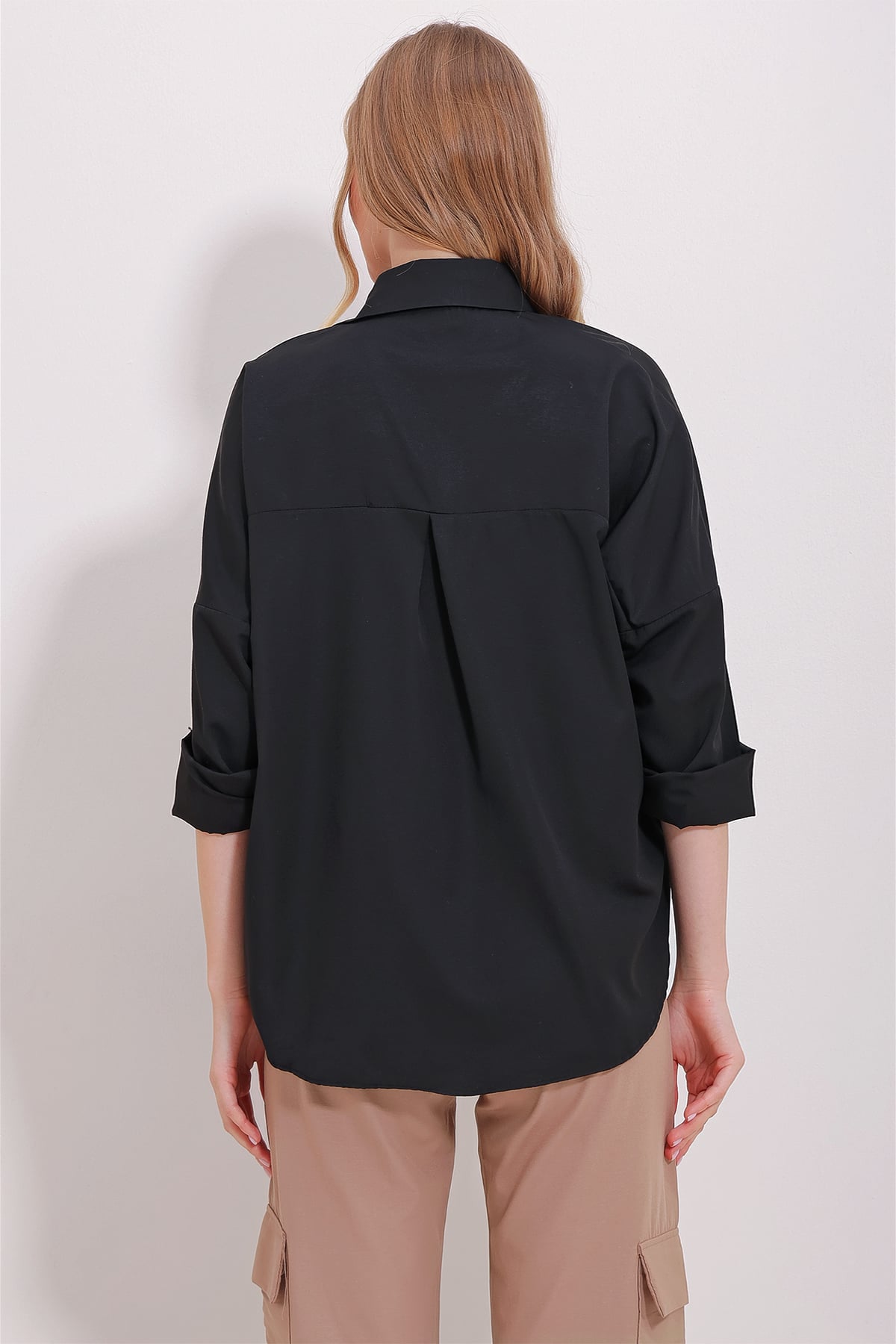 Manşetli Cotton Basic Gömlek - Siyah