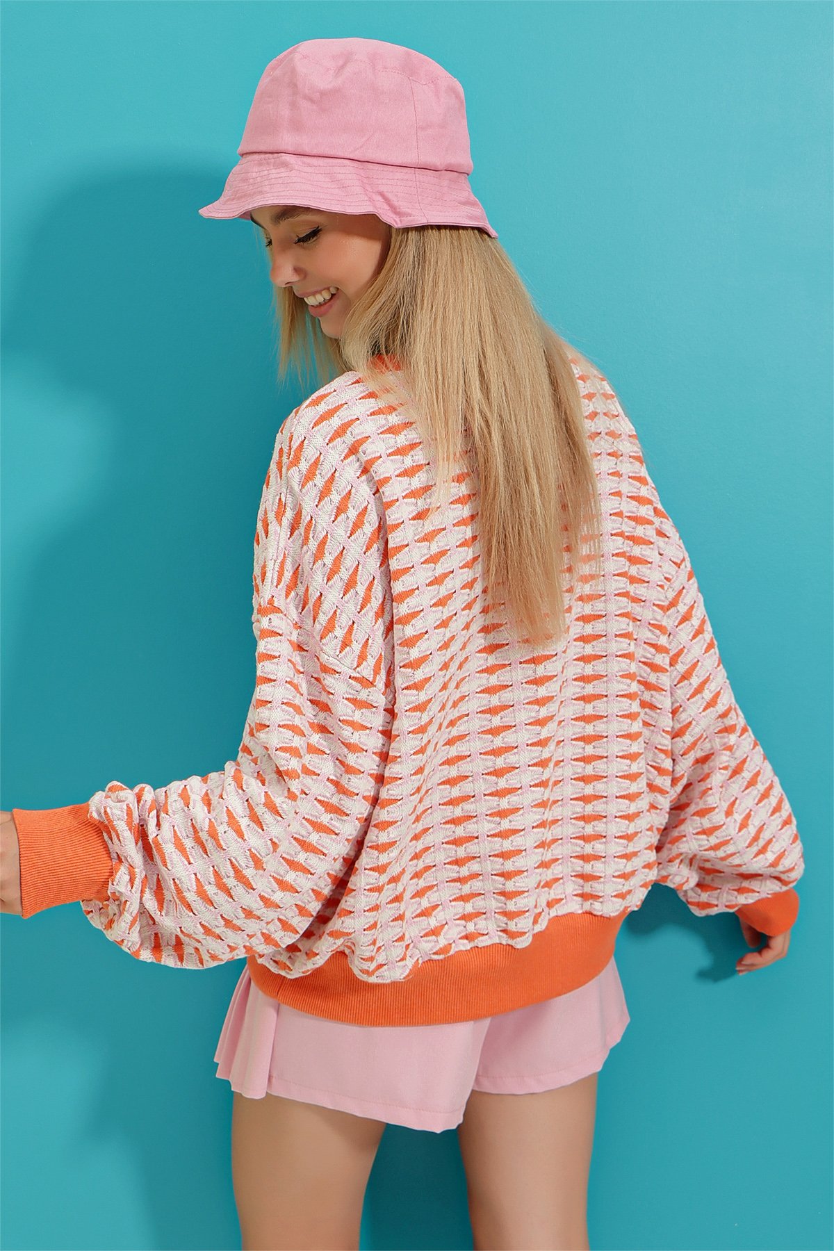 Metalik İplikli Baskılı Bisiklet Yaka Oversize Kışlık Sweatshirt - Turuncu