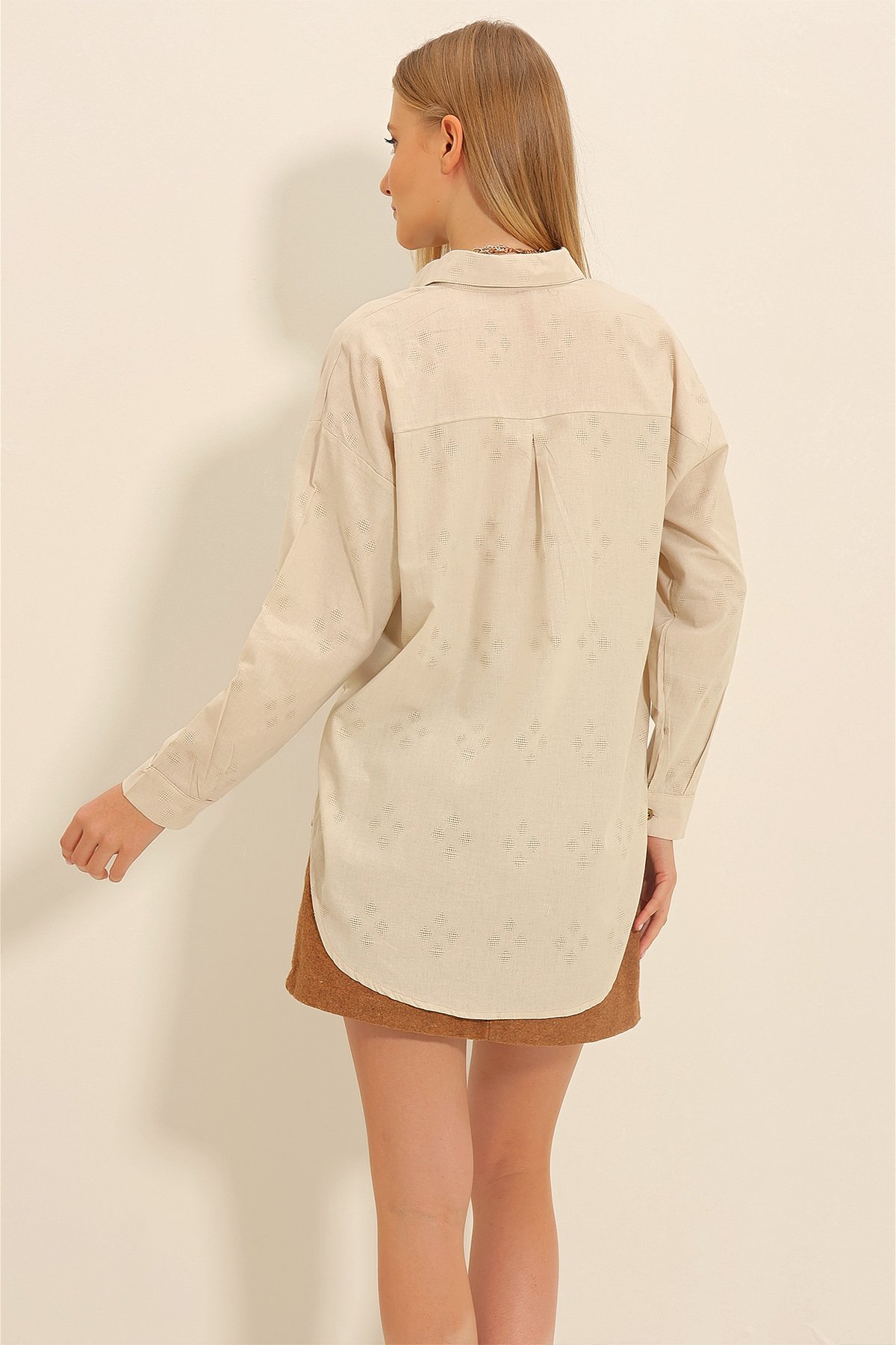 Motifli Oversize Keten Gömlek - Bej