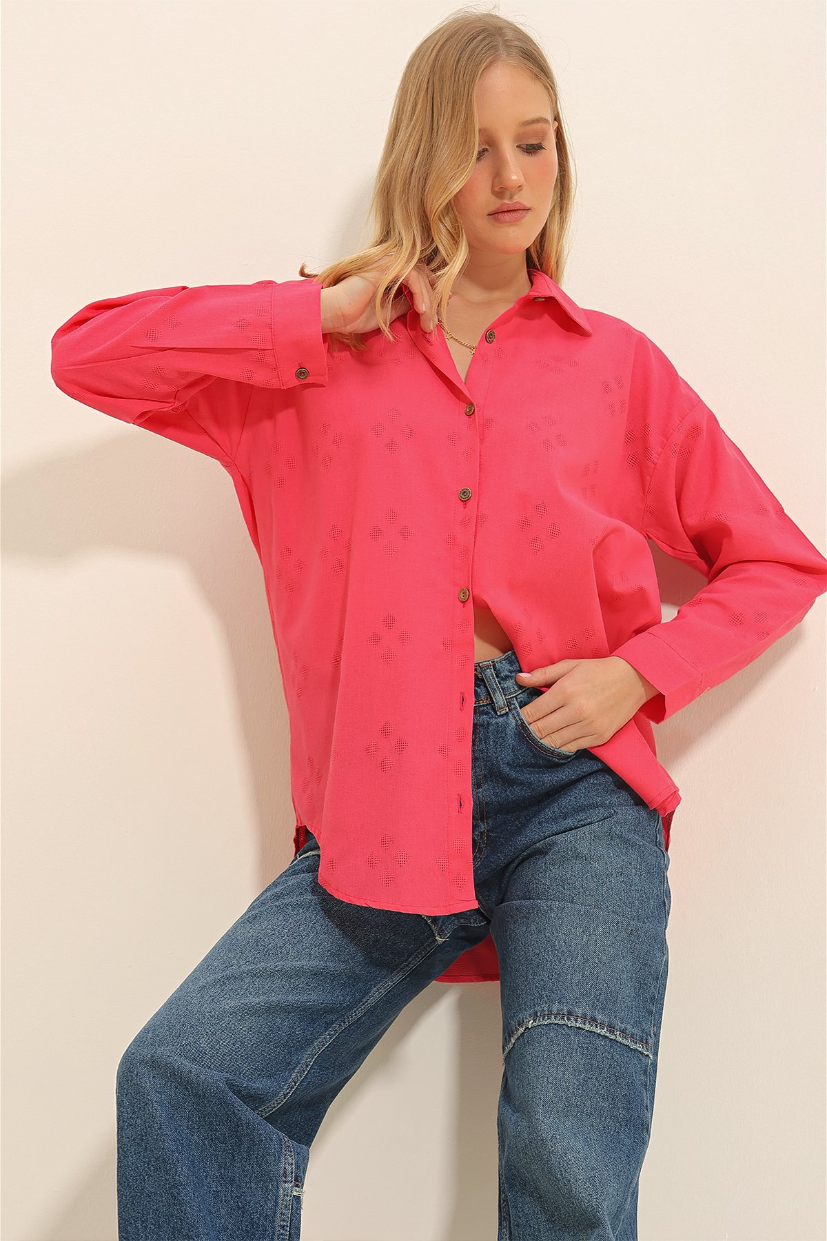 Motifli Oversize Keten Gömlek - Fuşya
