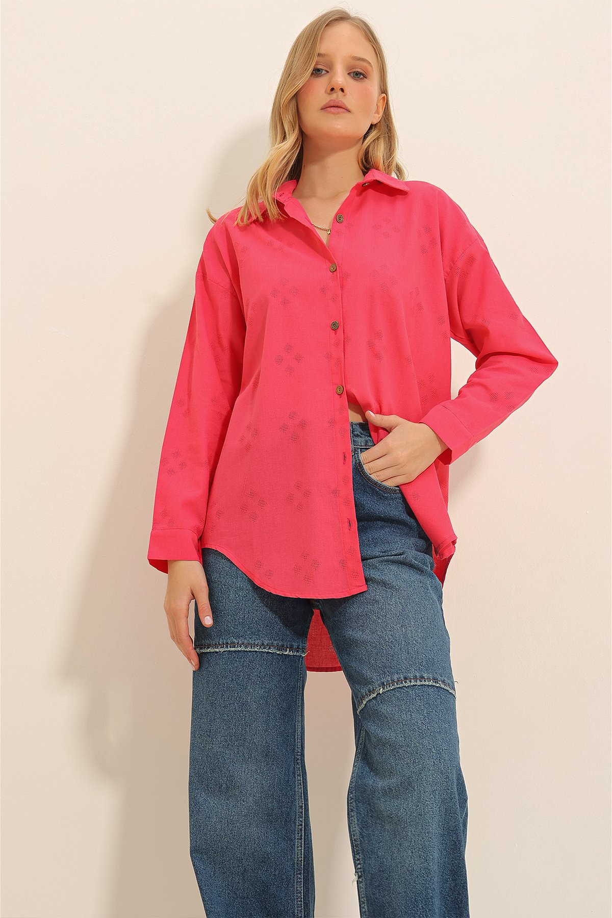 Motifli Oversize Keten Gömlek - Fuşya