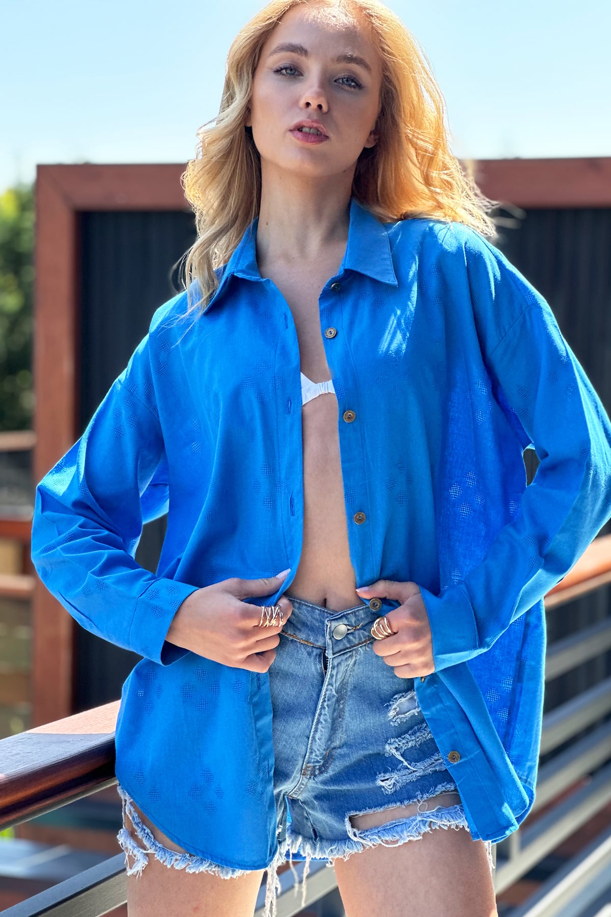 Motifli Oversize Keten Gömlek - Havacı Mavi