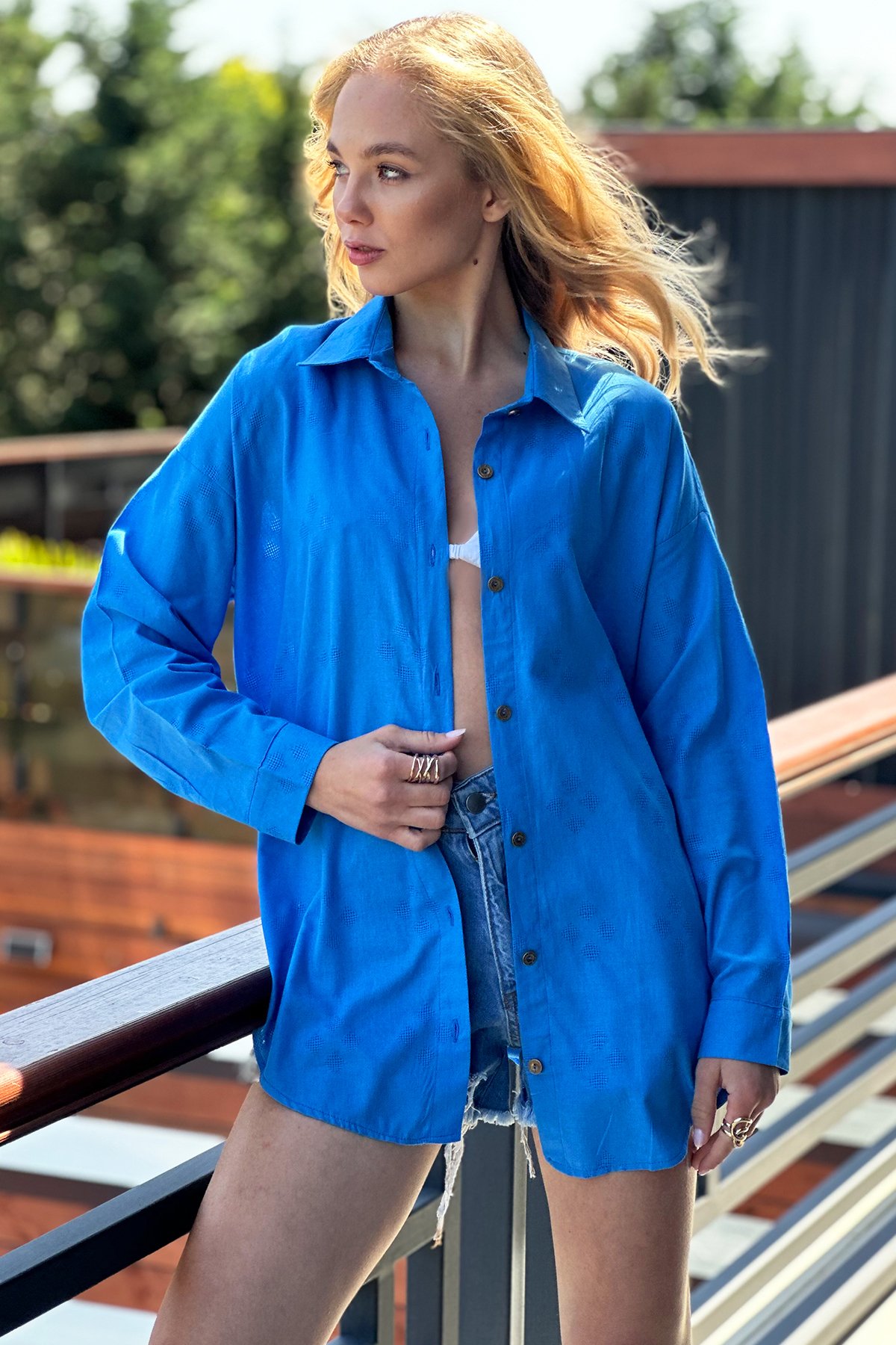 Motifli Oversize Keten Gömlek - Havacı Mavi