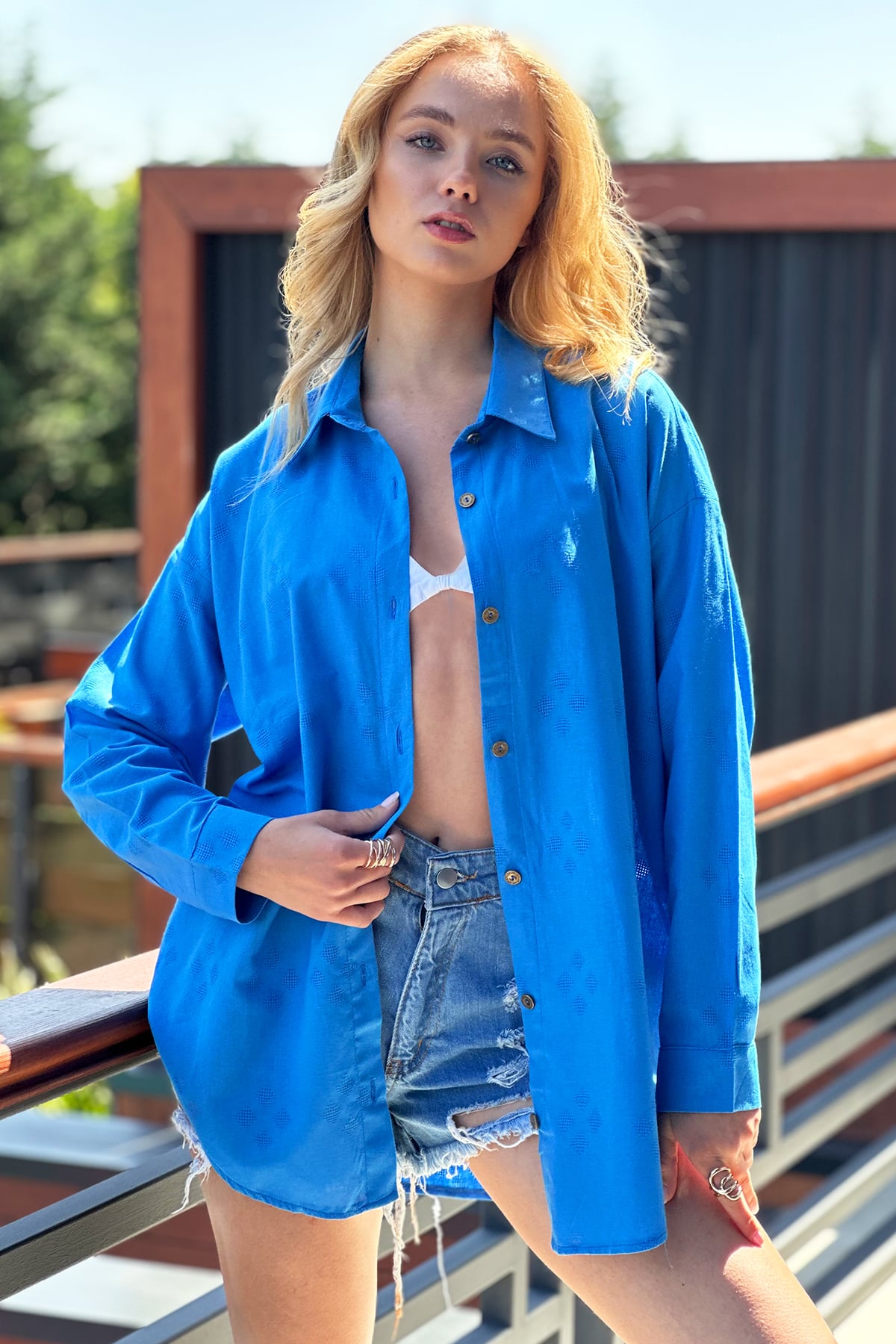 Motifli Oversize Keten Gömlek - Havacı Mavi