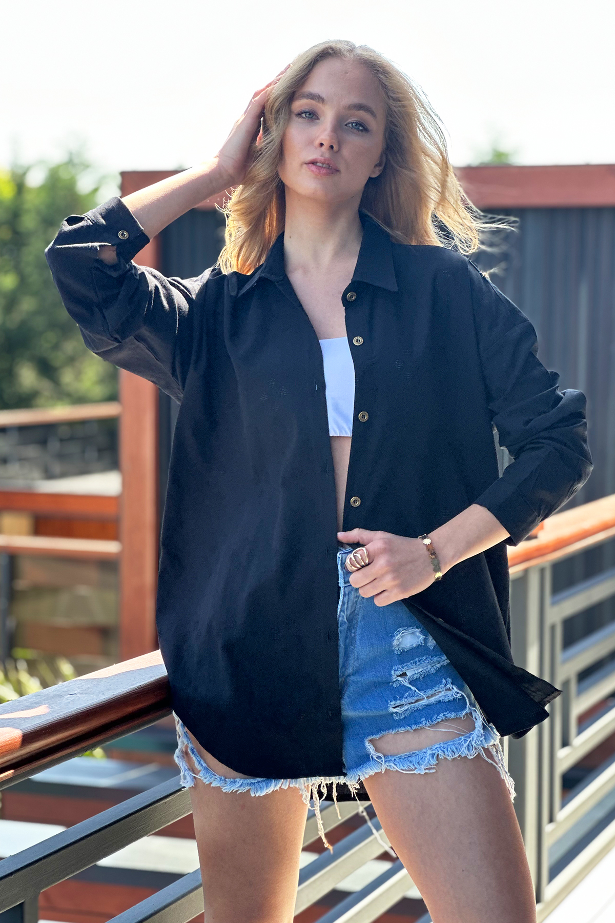 Motifli Oversize Keten Gömlek - Siyah