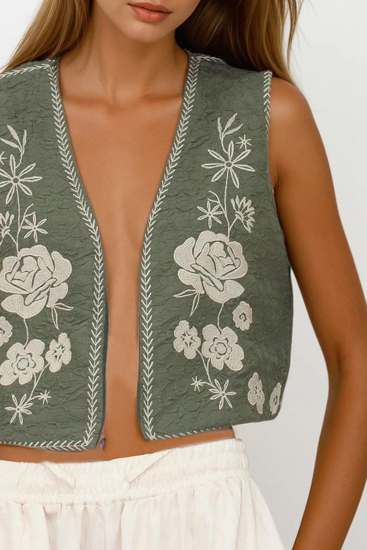 Nakış Detaylı Astarlı Dokulu Crop Yelek - Haki