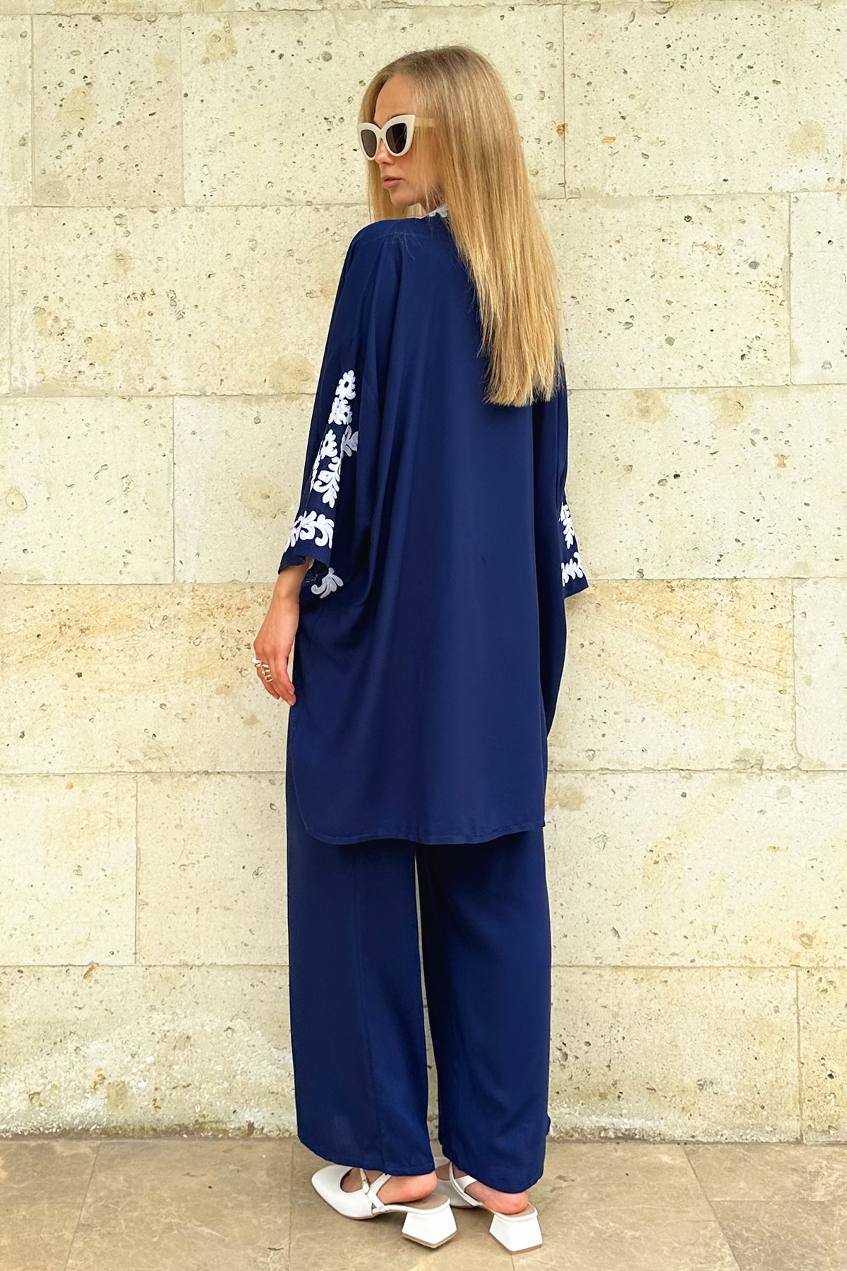 Nakış Detaylı Cepli Pantolon Ve Kimono Ceket İkili Takım - Lacivert
