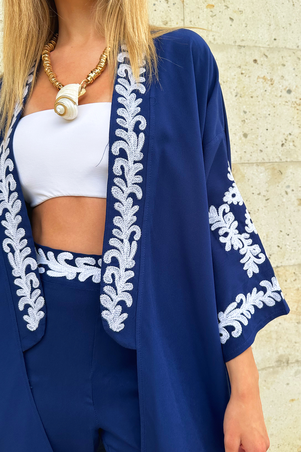 Nakış Detaylı Cepli Pantolon Ve Kimono Ceket İkili Takım - Lacivert