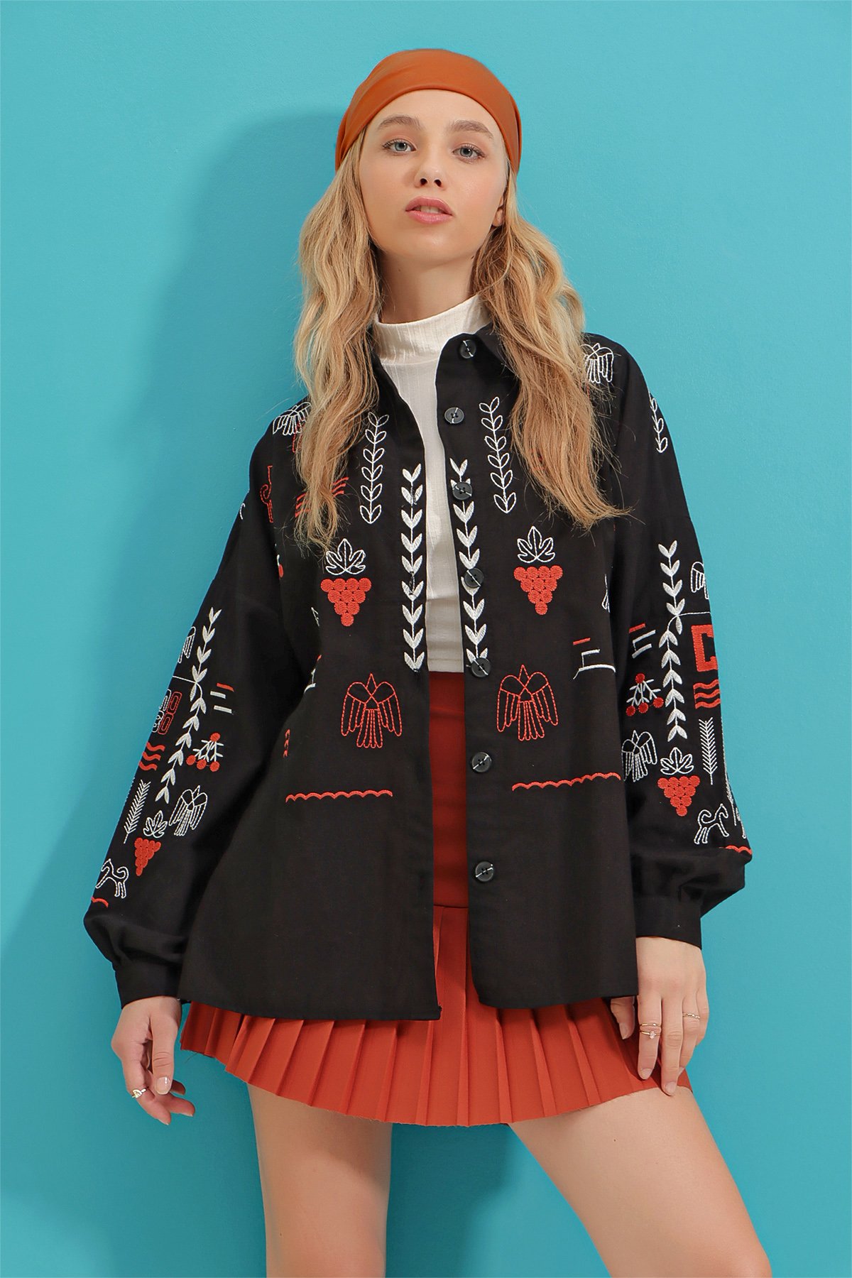 Nakışlı Gabardin Gömlek Ceket - SİYAH