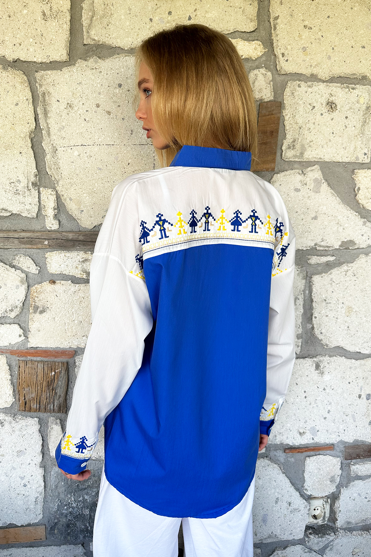 Nakışlı Poplin Oversize Gömlek - Mavi