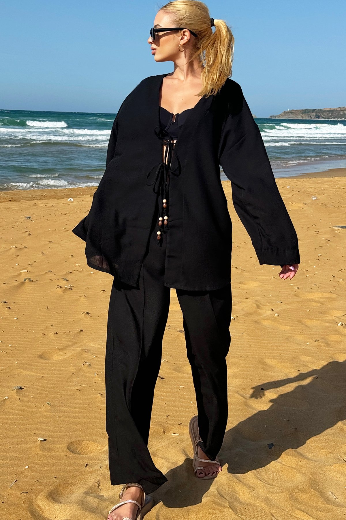 Önü Bağcıklı Kimono Ceket Ve Palazzo Pantolon Takım - Siyah