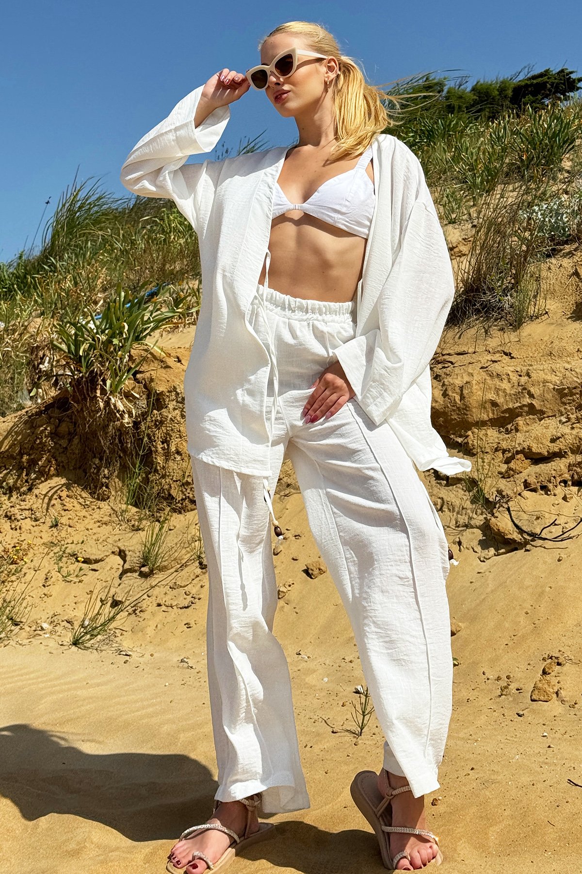 Önü Bağcıklı Kimono Ceket Ve Palazzo Pantolon Takım - Beyaz