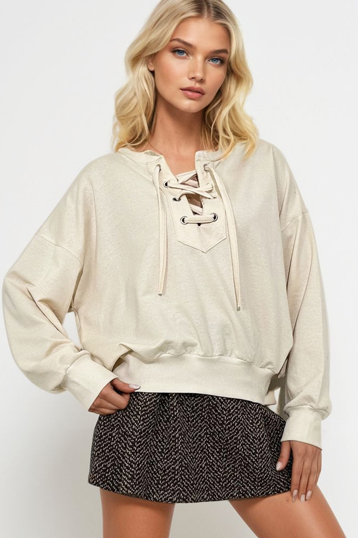 Önü Bağcıklı Oversıze Sweatshirt - Bej