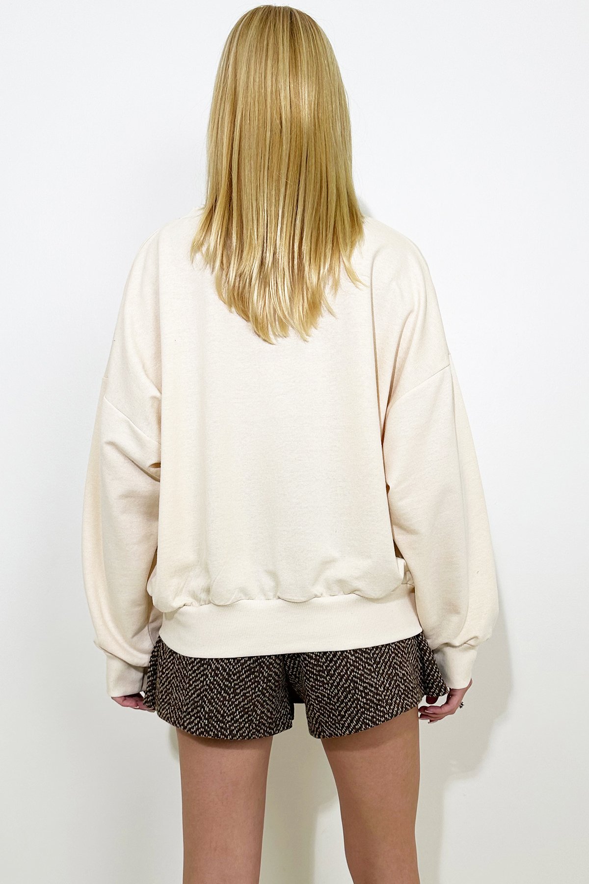 Önü Bağcıklı Oversıze Sweatshirt - Bej