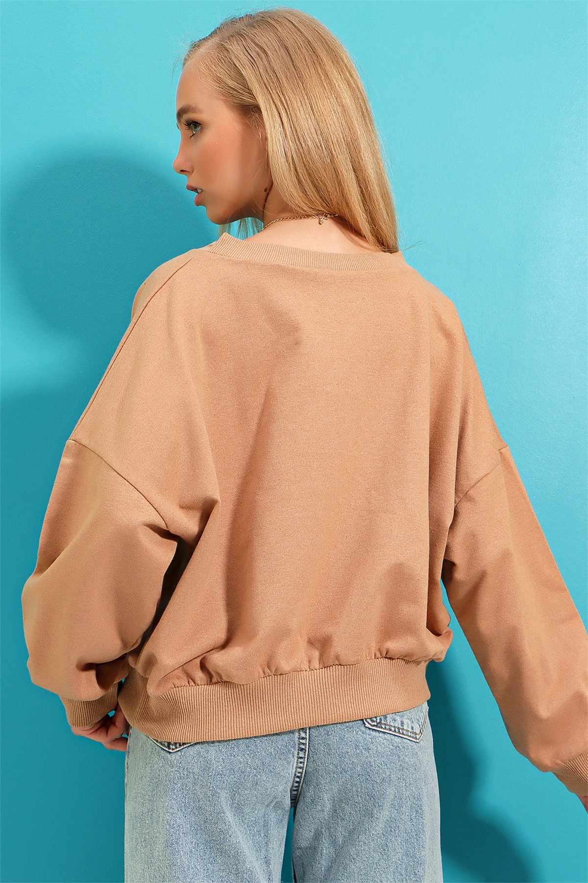 Önü Bağcıklı Oversıze Sweatshirt - Bisküvi
