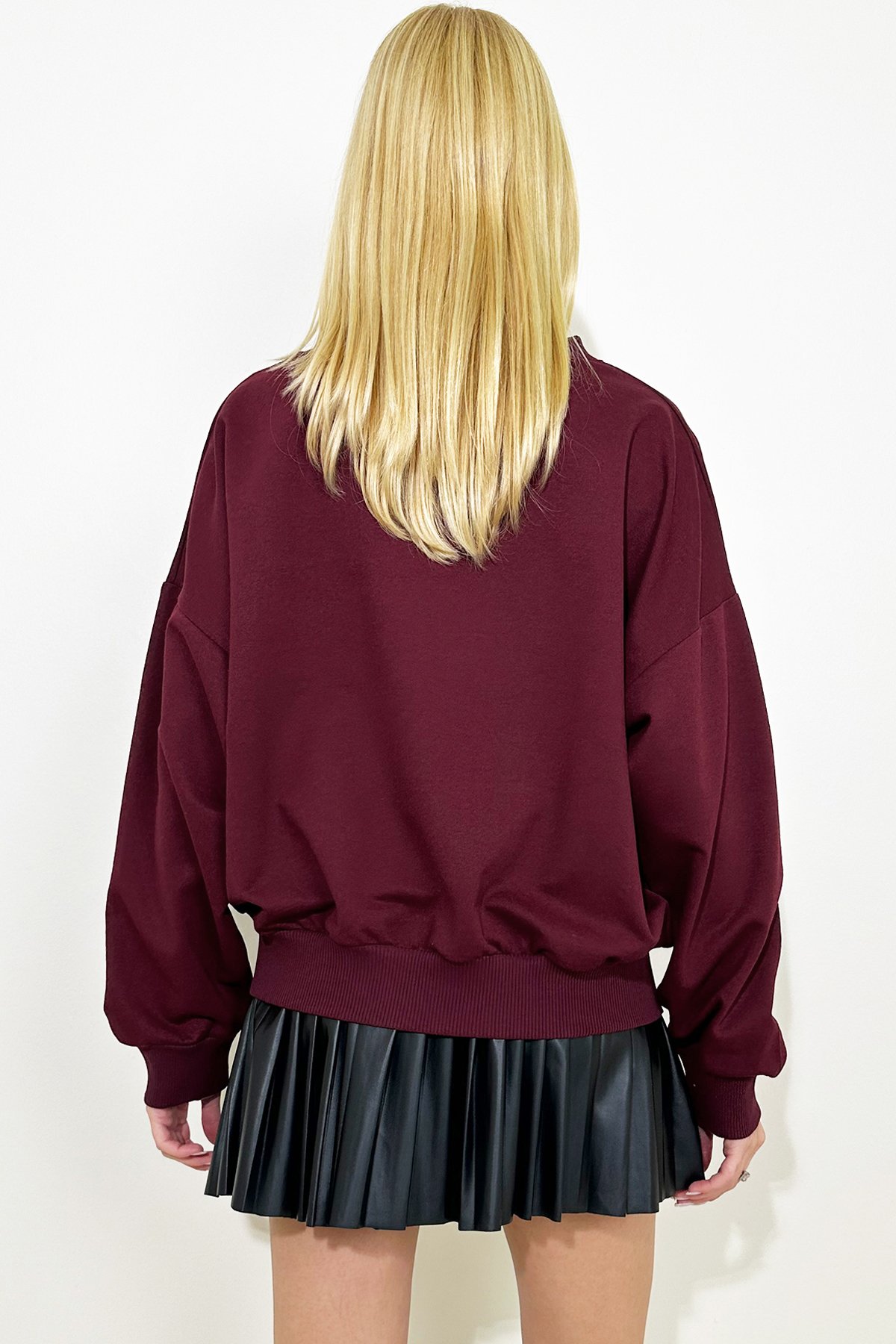 Önü Bağcıklı Oversıze Sweatshirt - Bordo