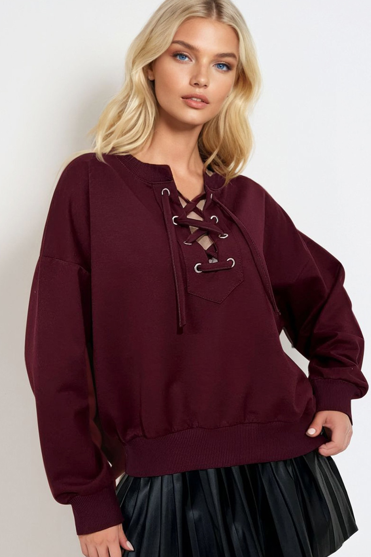 Önü Bağcıklı Oversıze Sweatshirt - Bordo