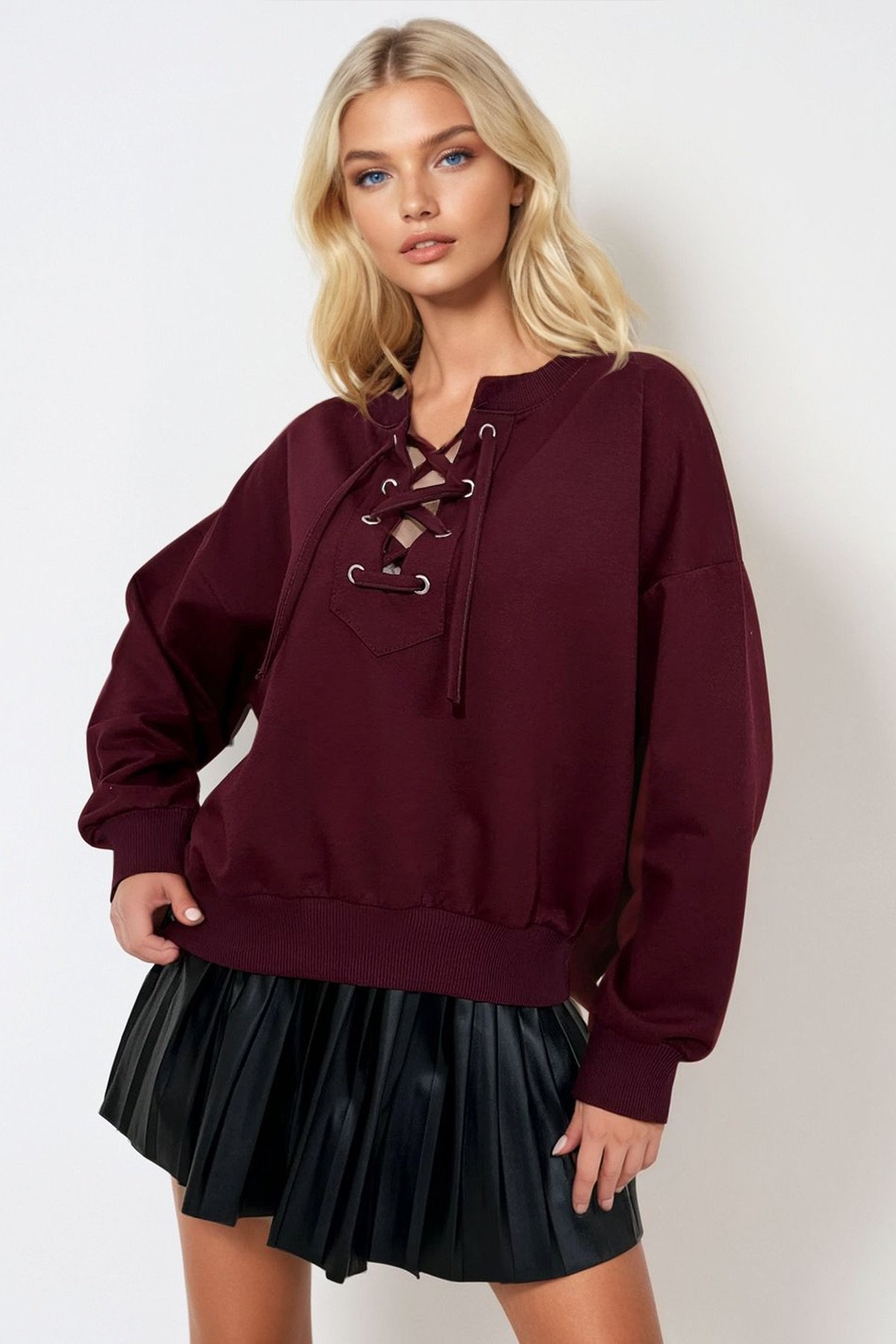 Önü Bağcıklı Oversıze Sweatshirt - Bordo