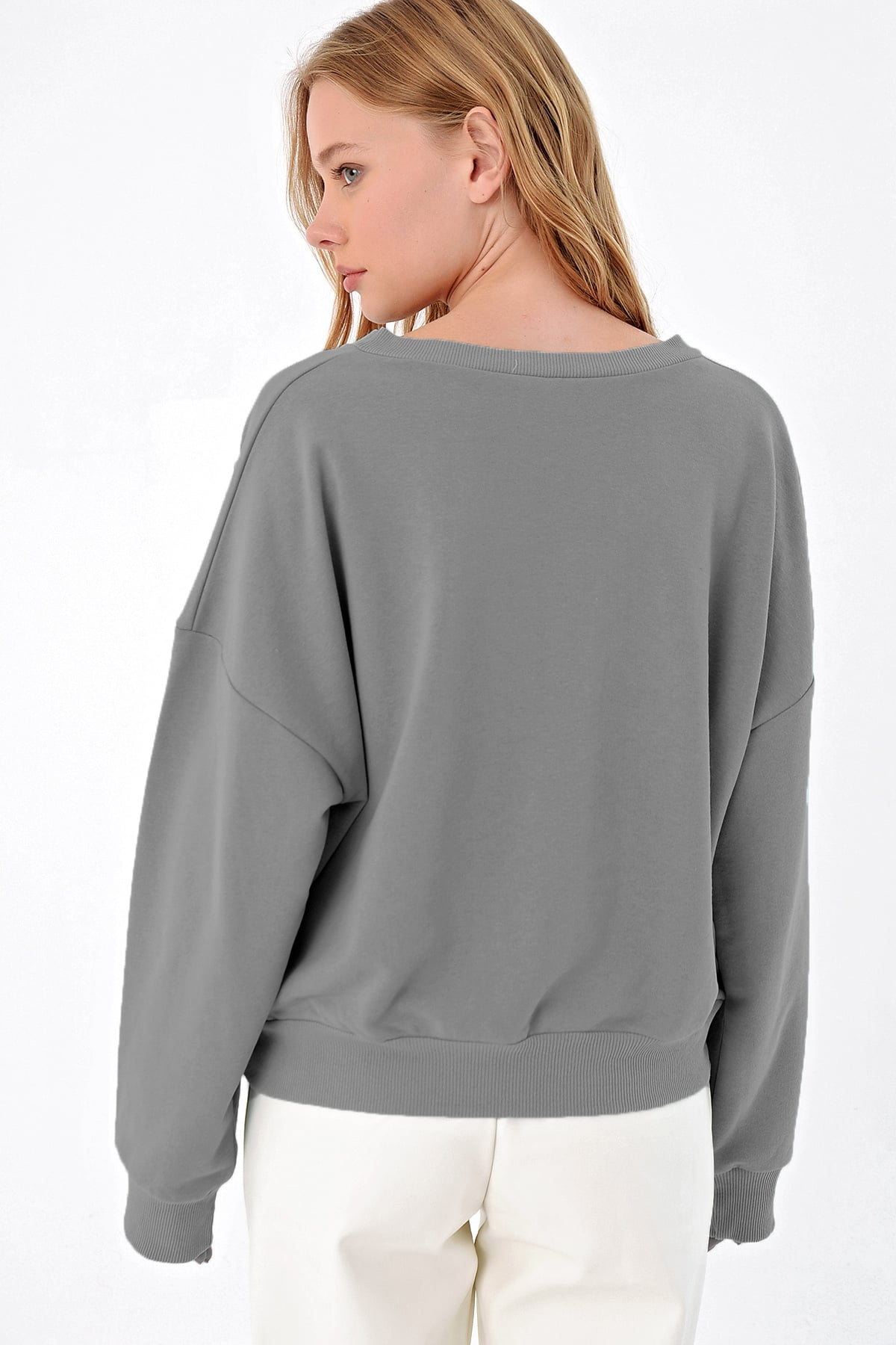 Önü Bağcıklı Oversıze Sweatshirt - Boyalı Gri