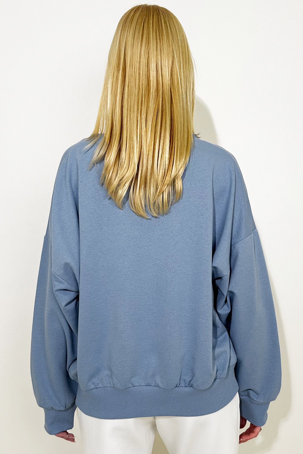 Önü Bağcıklı Oversıze Sweatshirt - Gök Mavisi
