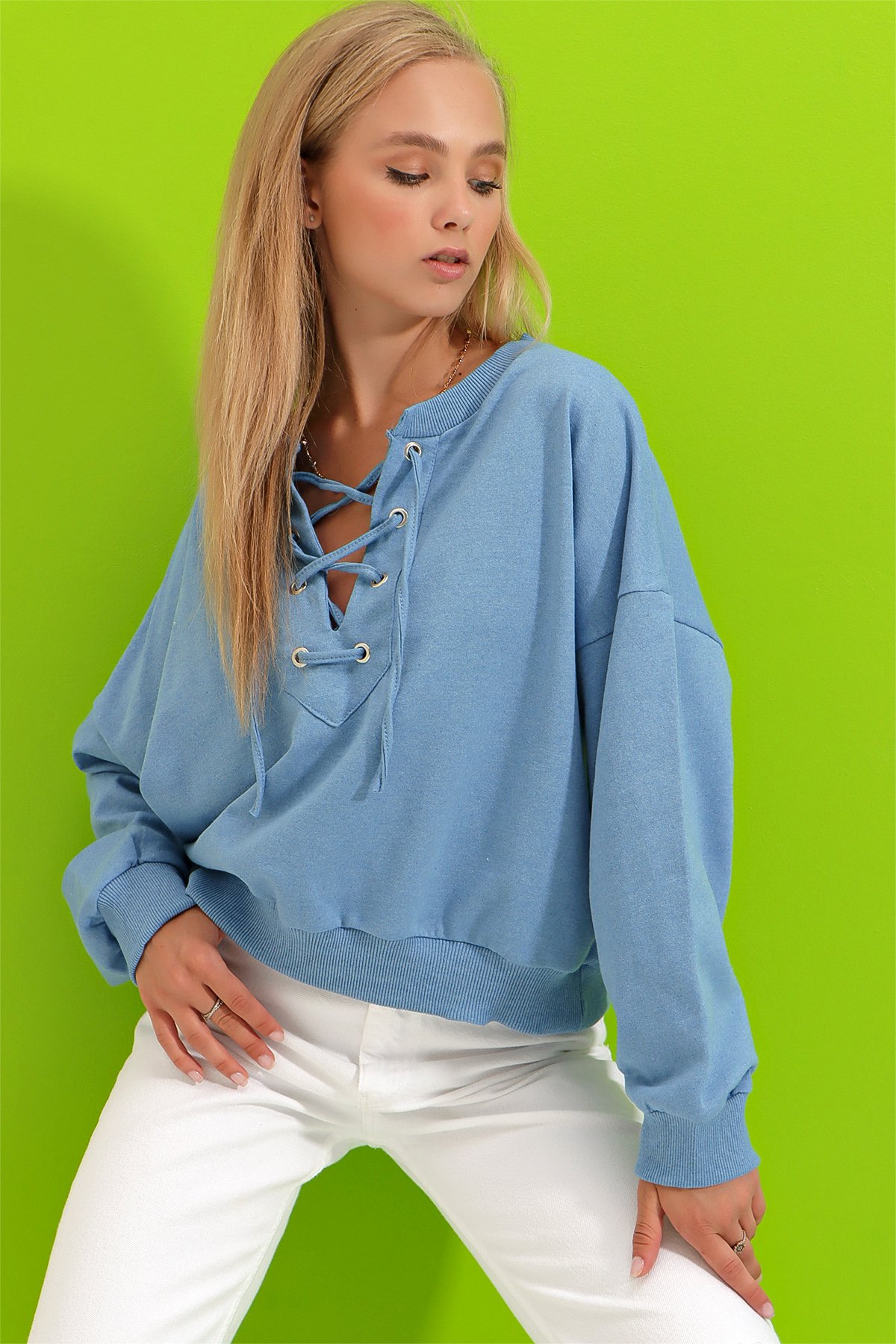 Önü Bağcıklı Oversıze Sweatshirt - İndigo