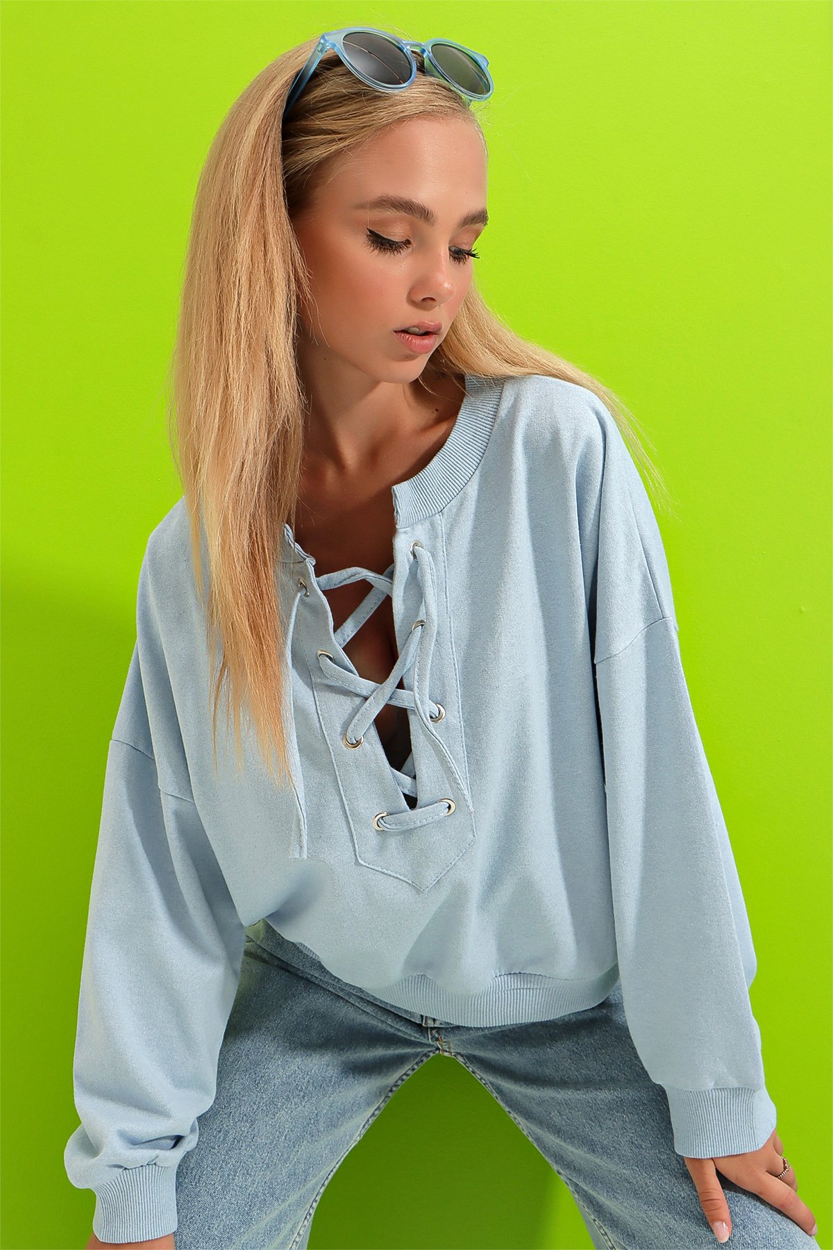Önü Bağcıklı Oversıze Sweatshirt - Mavi